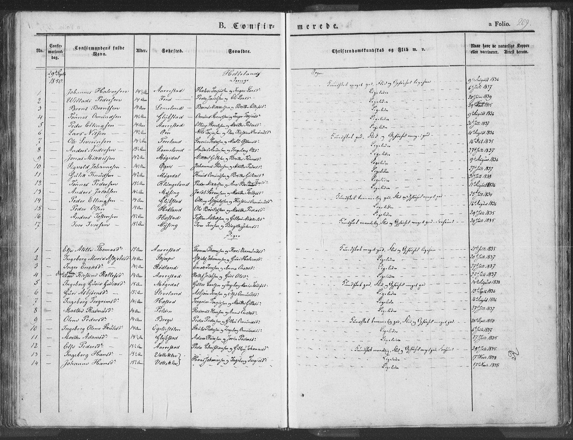 Helleland sokneprestkontor, AV/SAST-A-101810: Parish register (official) no. A 6.1, 1834-1863, p. 209
