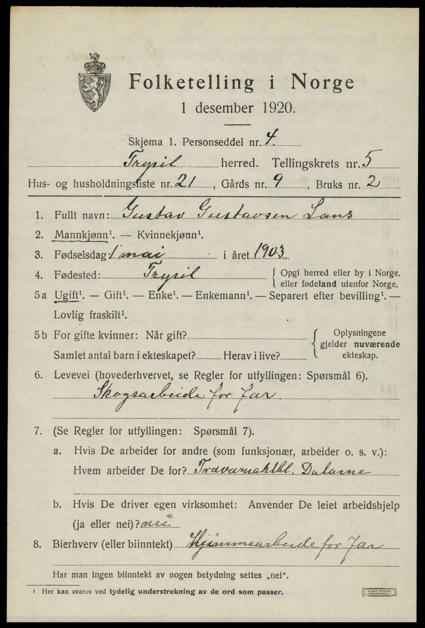 SAH, 1920 census for Trysil, 1920, p. 4503