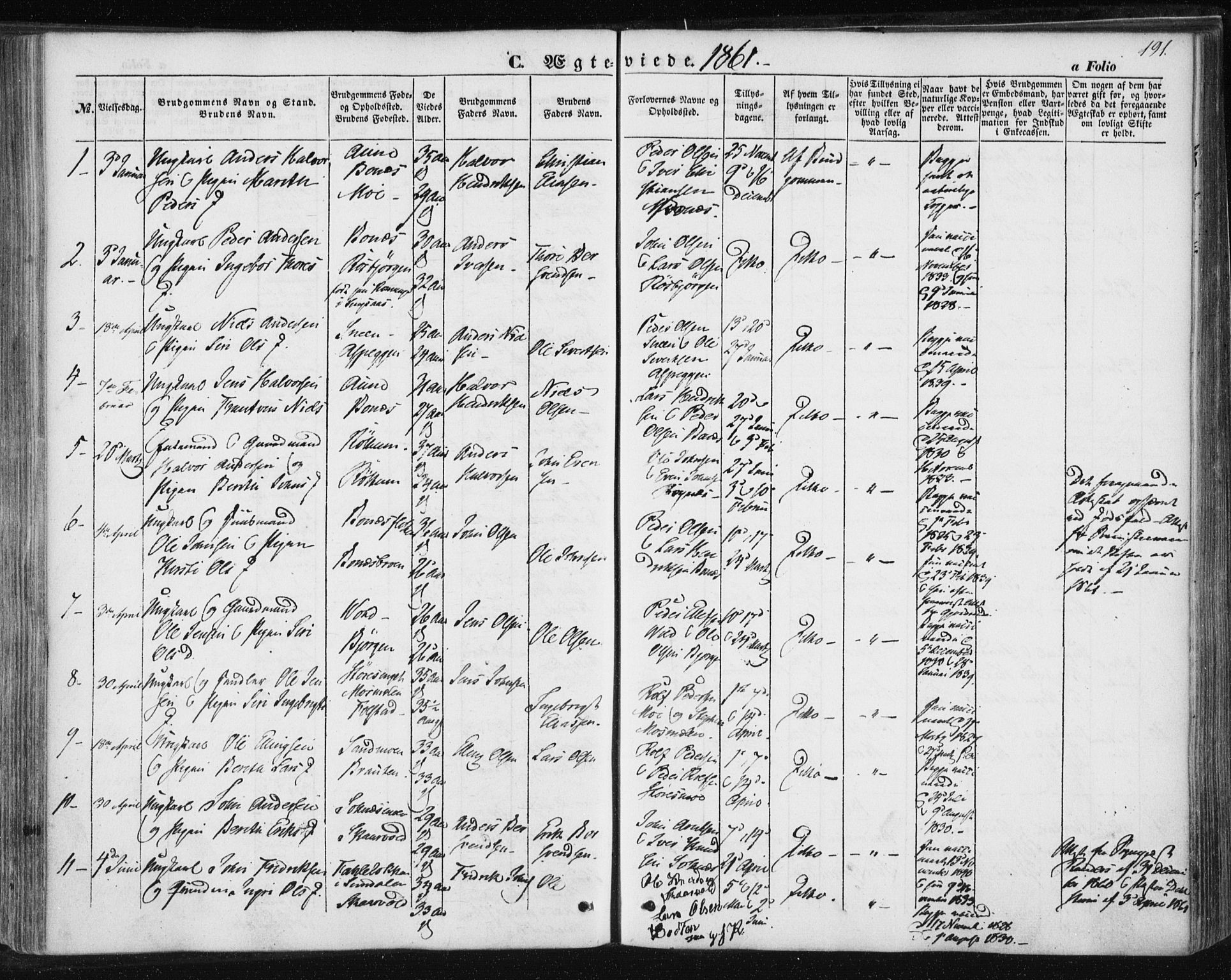 Ministerialprotokoller, klokkerbøker og fødselsregistre - Sør-Trøndelag, SAT/A-1456/687/L1000: Parish register (official) no. 687A06, 1848-1869, p. 191