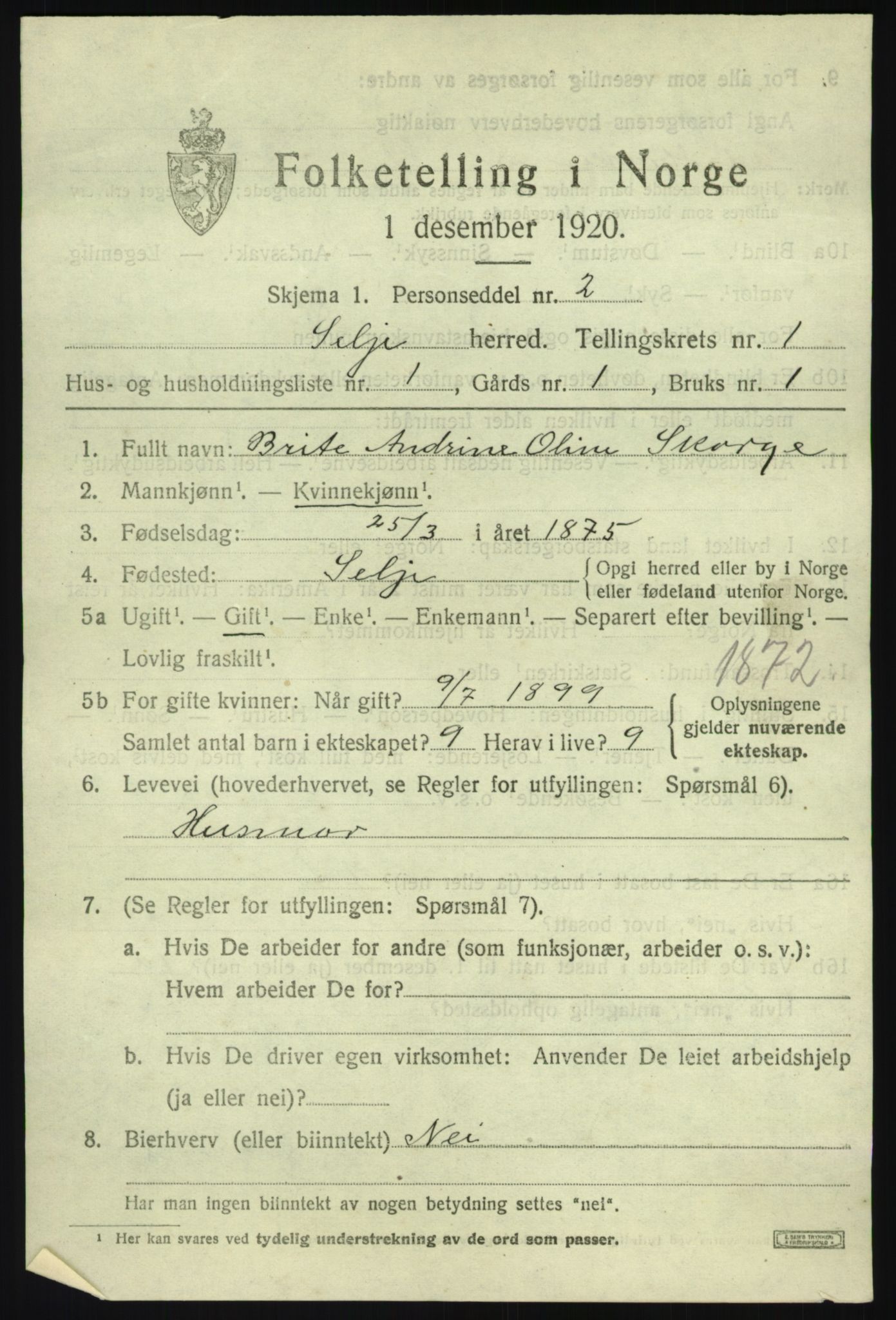 SAB, 1920 census for Selje, 1920, p. 1197