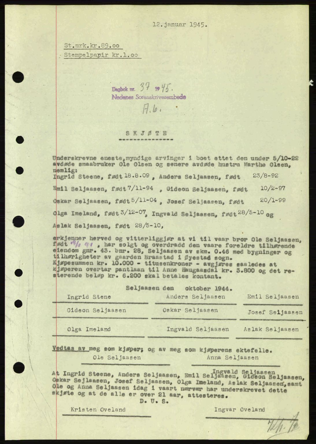 Nedenes sorenskriveri, SAK/1221-0006/G/Gb/Gba/L0052: Mortgage book no. A6a, 1944-1945, Diary no: : 37/1945