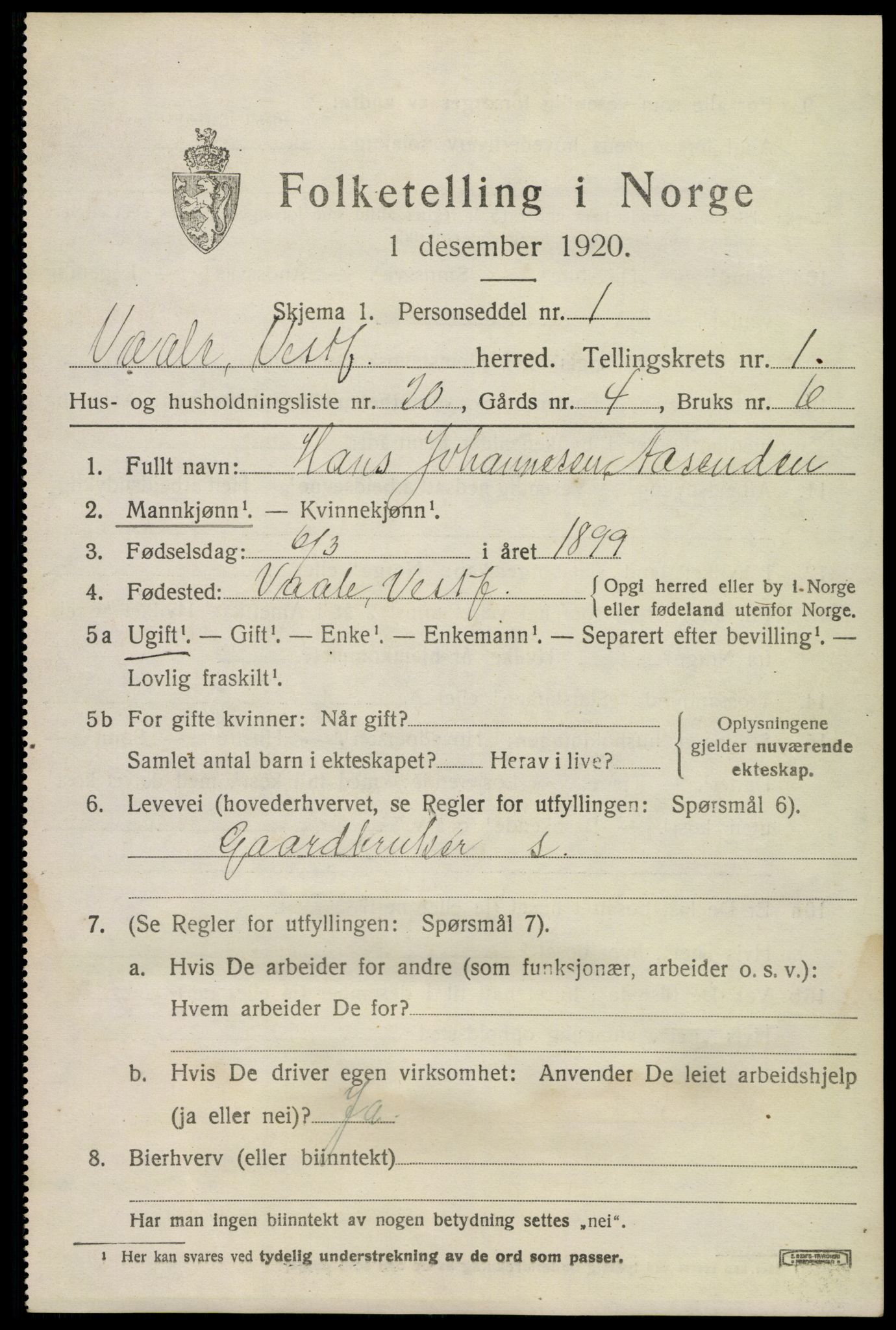 SAKO, 1920 census for Våle, 1920, p. 1286