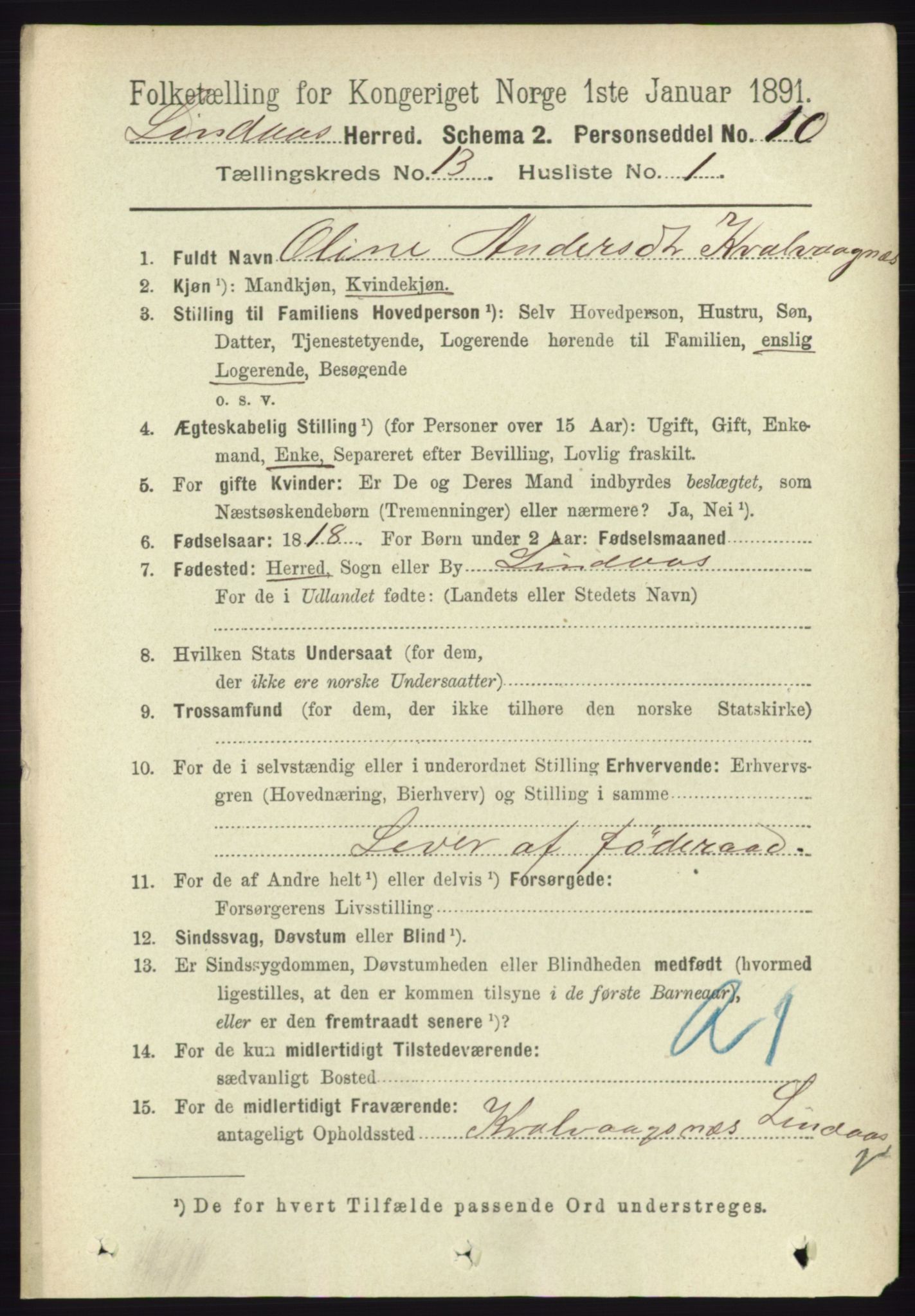 RA, 1891 census for 1263 Lindås, 1891, p. 4551