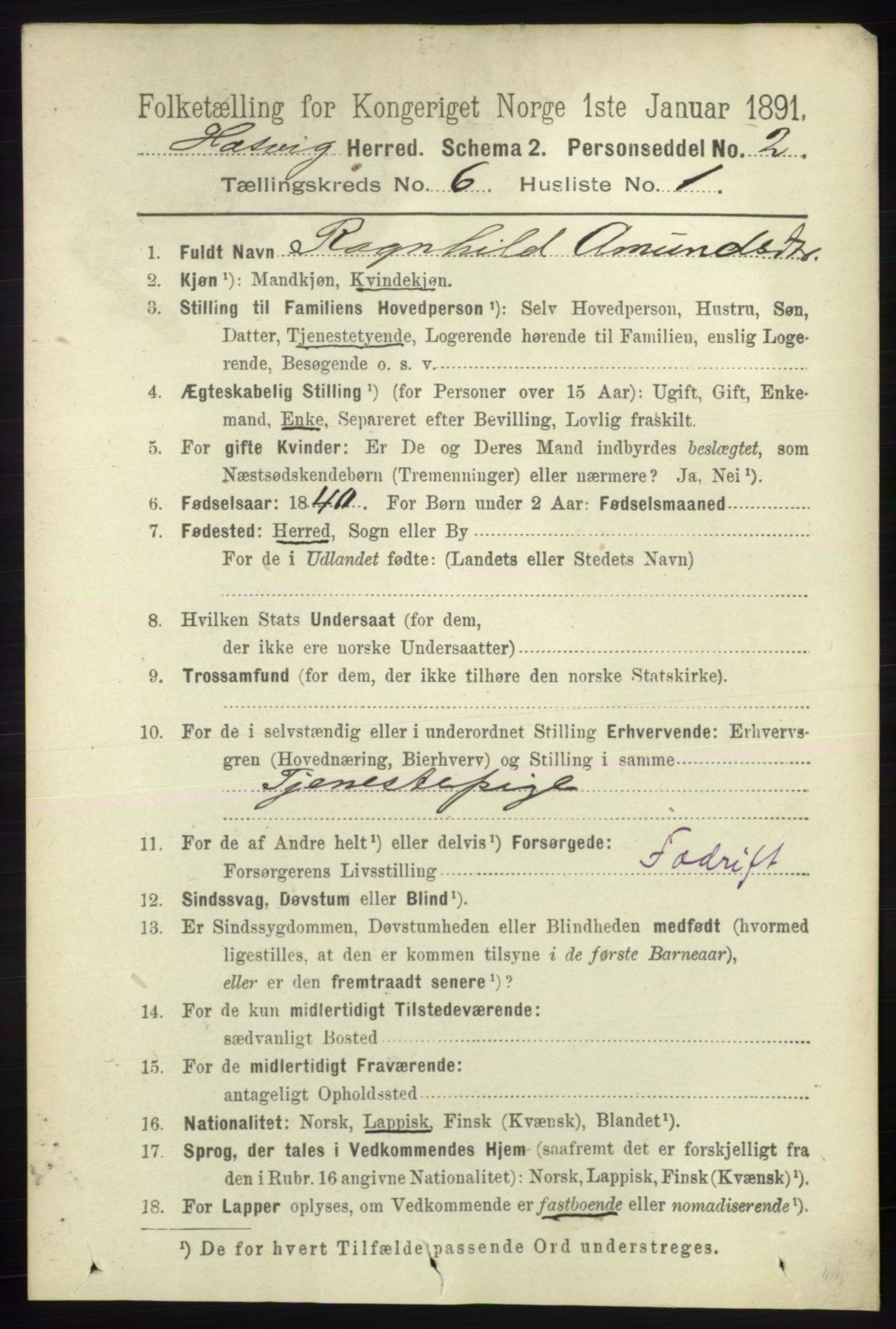 RA, 1891 census for 2015 Hasvik, 1891, p. 867