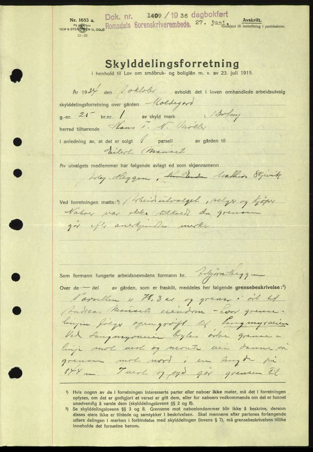 Romsdal sorenskriveri, AV/SAT-A-4149/1/2/2C: Mortgage book no. A1, 1936-1936, Diary no: : 1409/1936