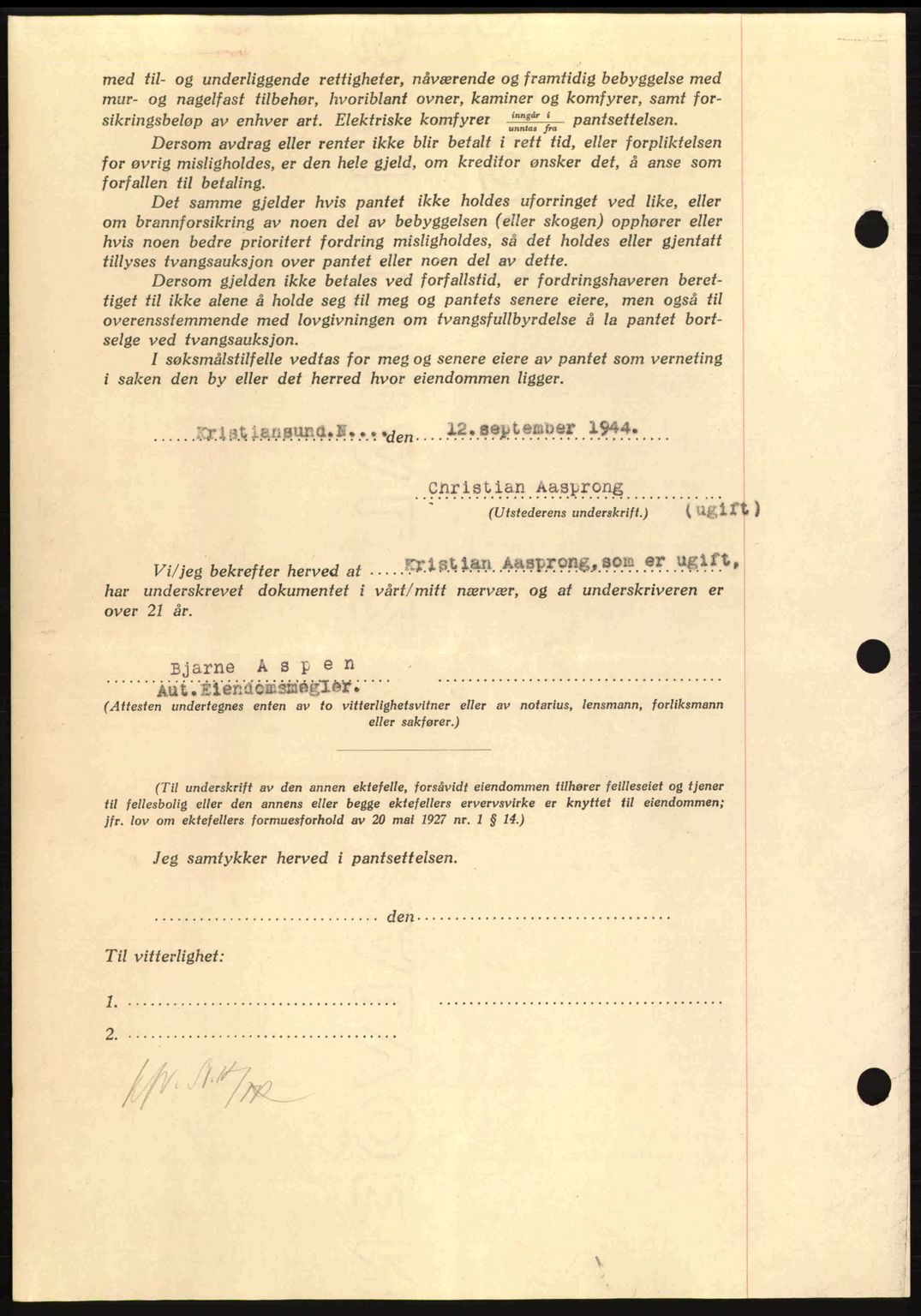 Nordmøre sorenskriveri, AV/SAT-A-4132/1/2/2Ca: Mortgage book no. B92, 1944-1945, Diary no: : 1599/1944