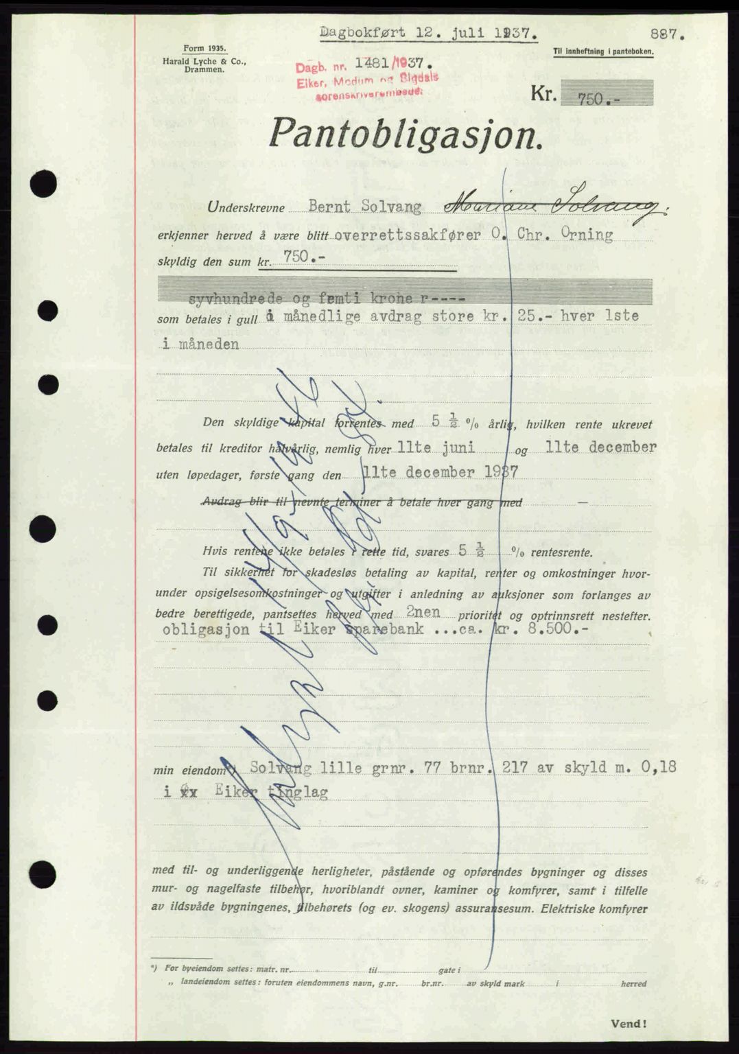 Eiker, Modum og Sigdal sorenskriveri, SAKO/A-123/G/Ga/Gab/L0035: Mortgage book no. A5, 1937-1937, Diary no: : 1481/1937