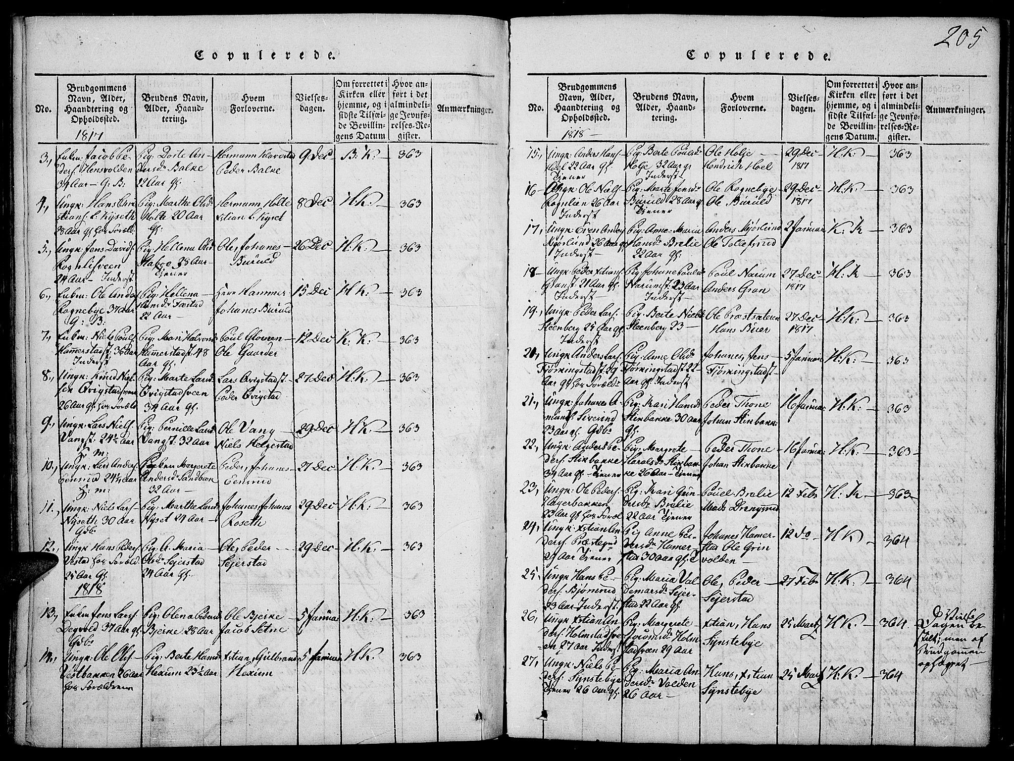 Toten prestekontor, SAH/PREST-102/H/Ha/Haa/L0009: Parish register (official) no. 9, 1814-1820, p. 205