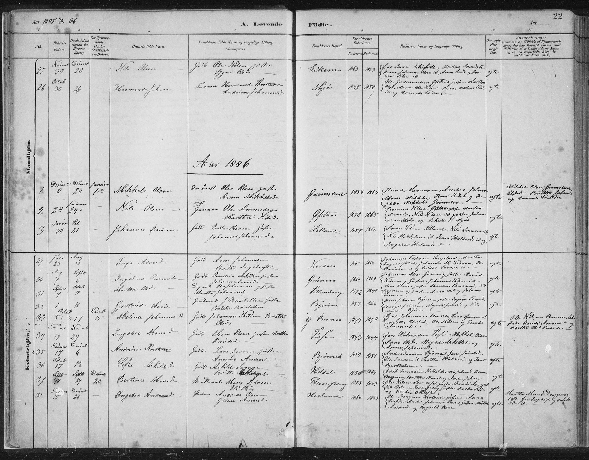 Hosanger sokneprestembete, SAB/A-75801/H/Hab: Parish register (copy) no. A 3 I, 1882-1903, p. 22