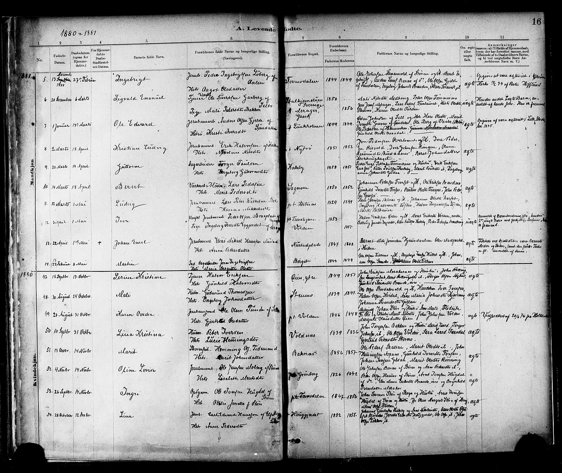 Ministerialprotokoller, klokkerbøker og fødselsregistre - Nord-Trøndelag, SAT/A-1458/706/L0047: Parish register (official) no. 706A03, 1878-1892, p. 16