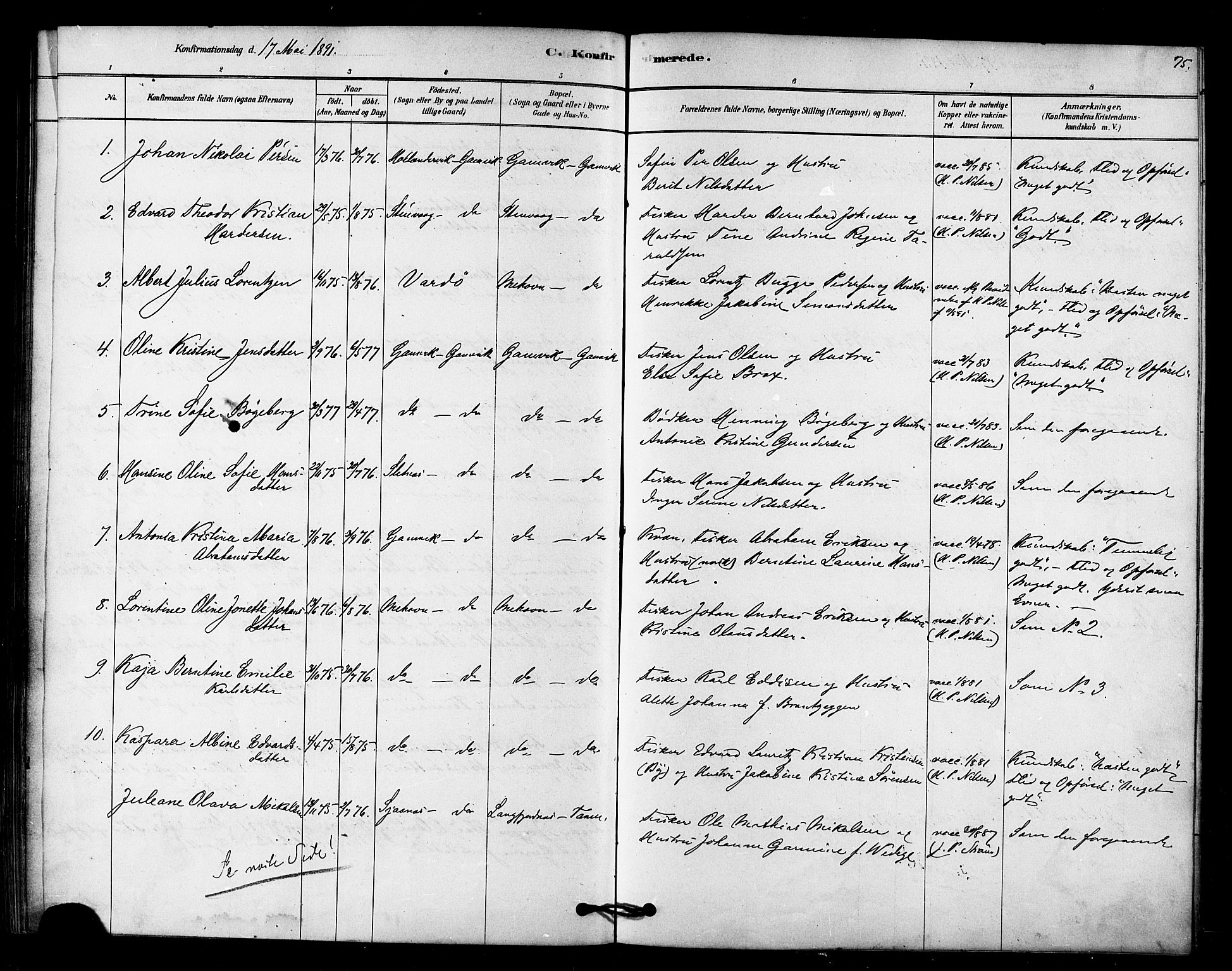Tana sokneprestkontor, SATØ/S-1334/H/Ha/L0003kirke: Parish register (official) no. 3, 1878-1892, p. 75