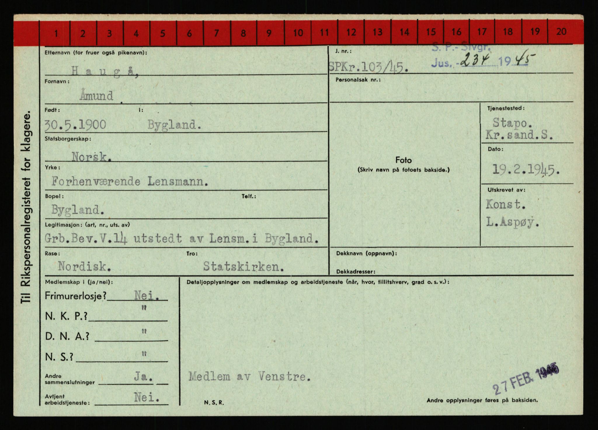 Statspolitiet - Hovedkontoret / Osloavdelingen, AV/RA-S-1329/C/Ca/L0006: Hanche - Hokstvedt, 1943-1945, p. 2199