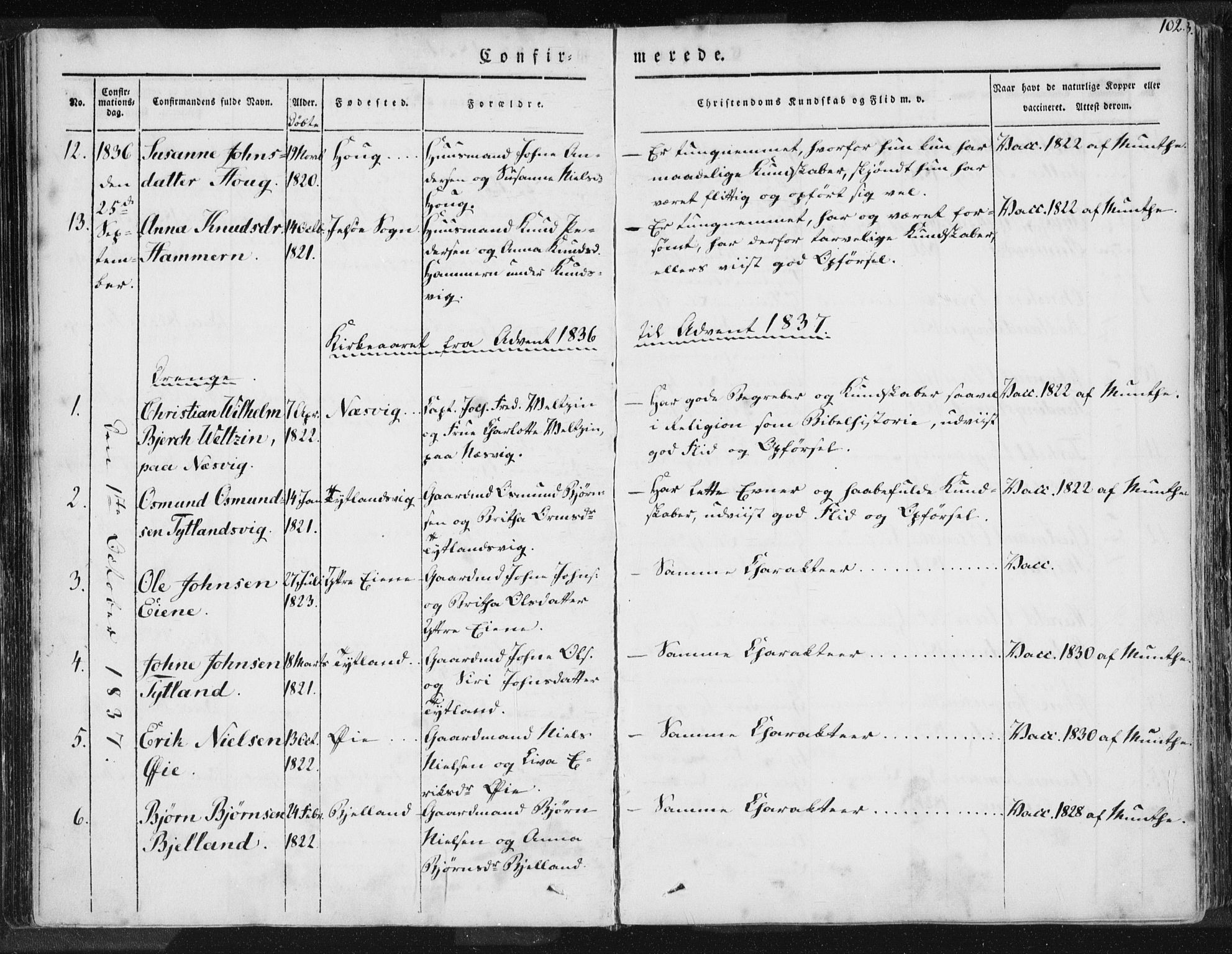 Hjelmeland sokneprestkontor, AV/SAST-A-101843/01/IV/L0006: Parish register (official) no. A 6, 1834-1845, p. 102