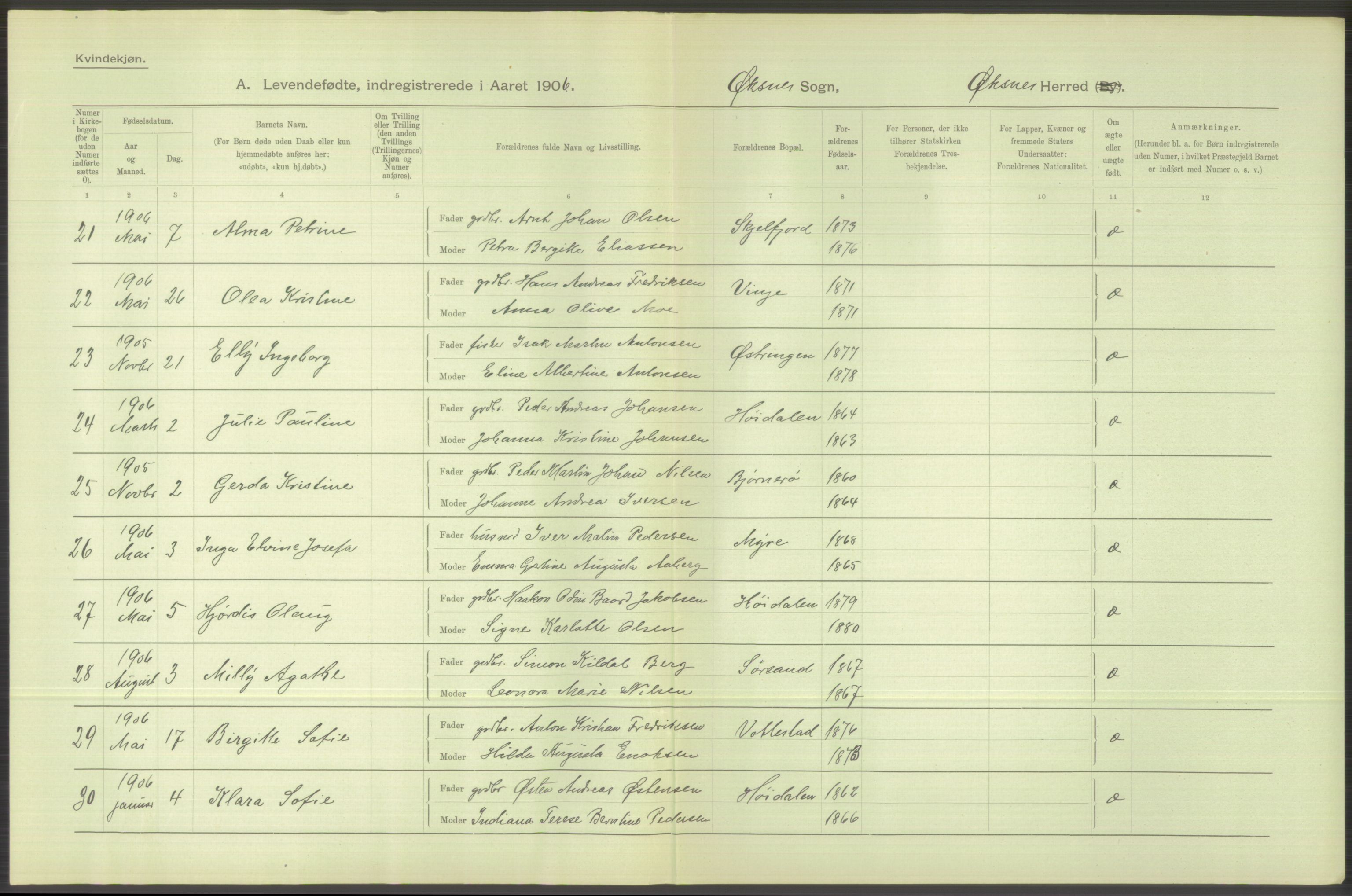 Statistisk sentralbyrå, Sosiodemografiske emner, Befolkning, AV/RA-S-2228/D/Df/Dfa/Dfad/L0044: Nordlands amt: Levendefødte menn og kvinner. Bygder., 1906, p. 40