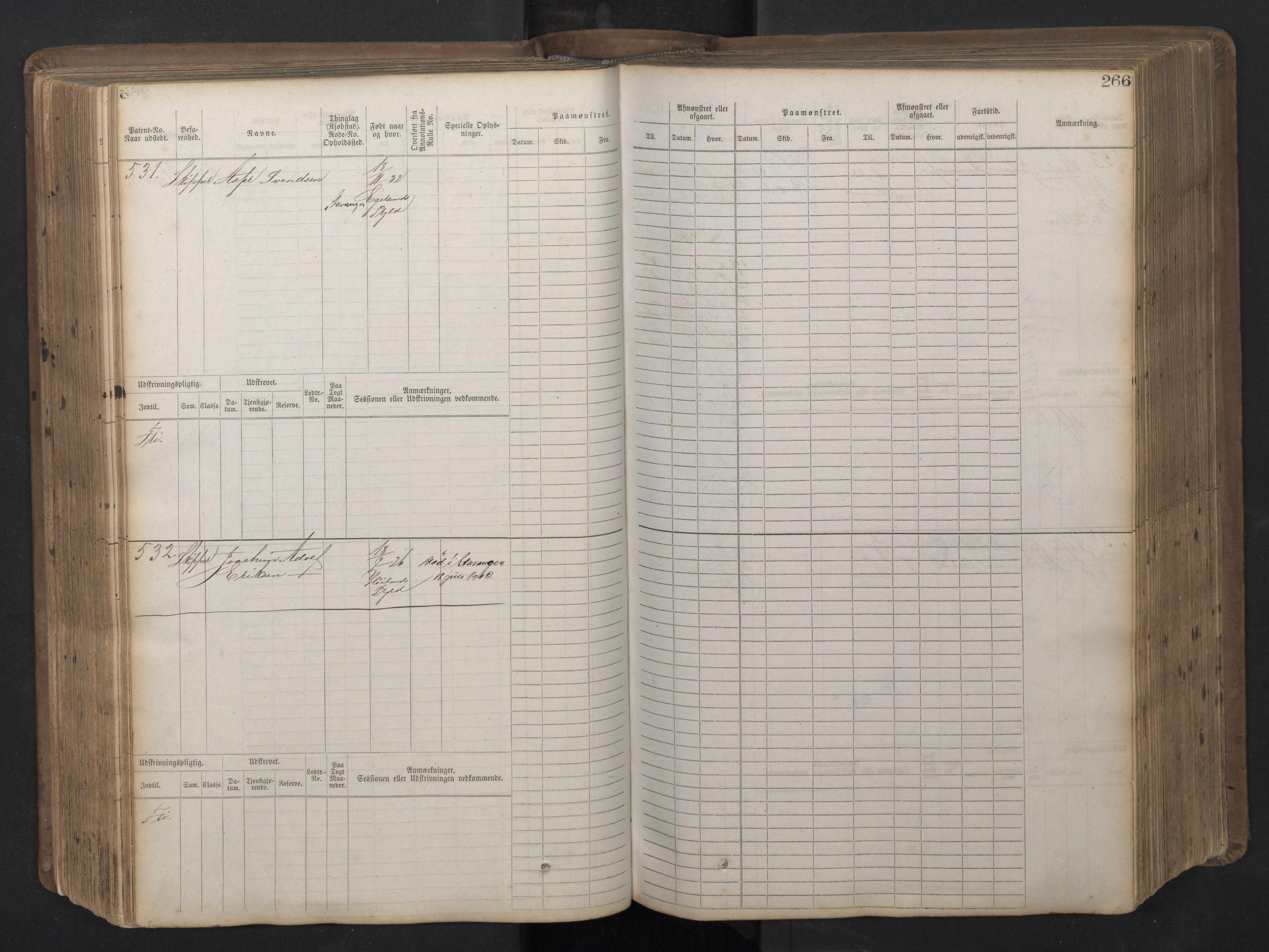 Stavanger sjømannskontor, AV/SAST-A-102006/F/Fb/Fbb/L0016: Sjøfartshovedrulle patnentnr. 1-1202 (dublett), 1869, p. 266