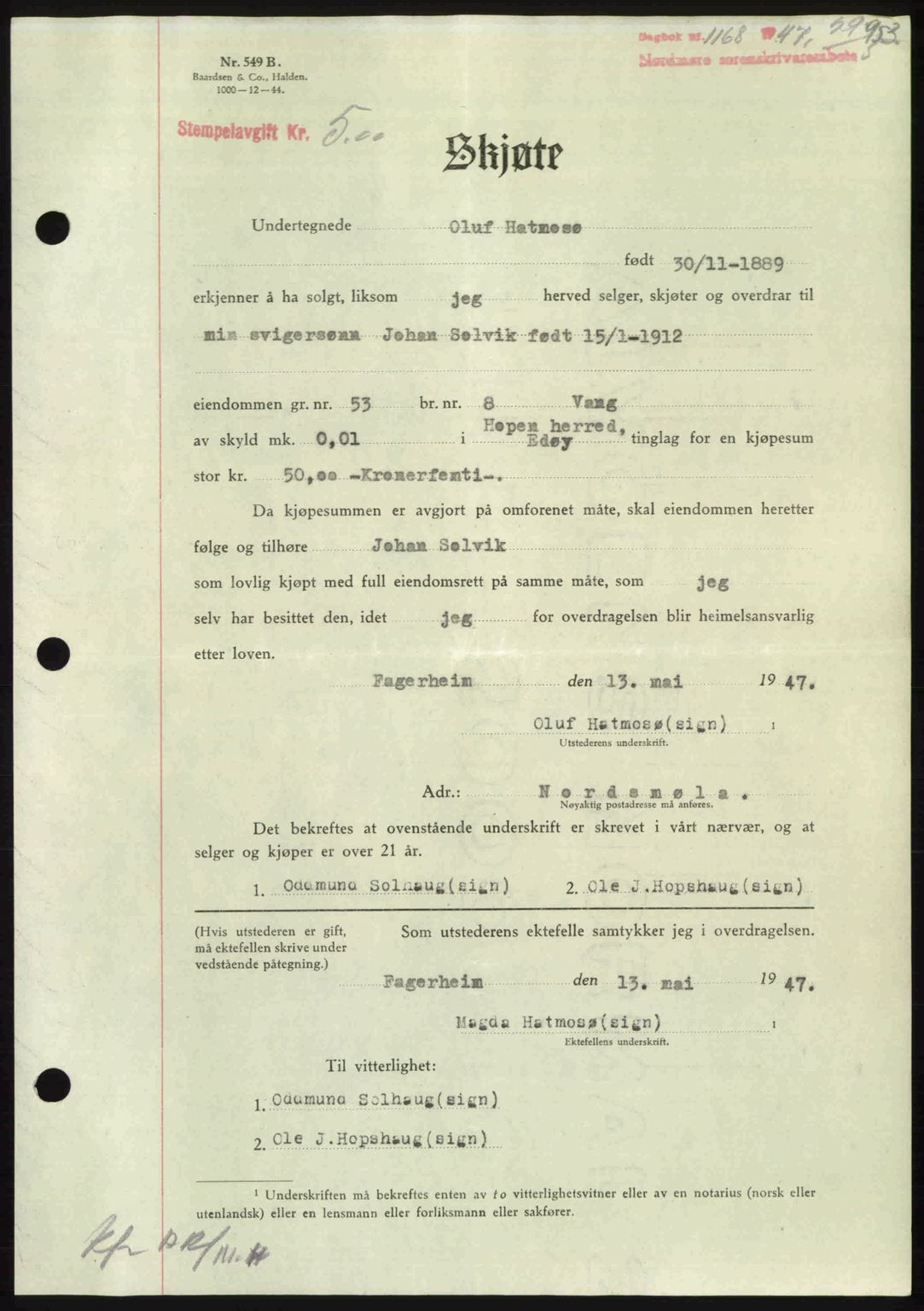 Nordmøre sorenskriveri, AV/SAT-A-4132/1/2/2Ca: Mortgage book no. A104, 1947-1947, Diary no: : 1168/1947