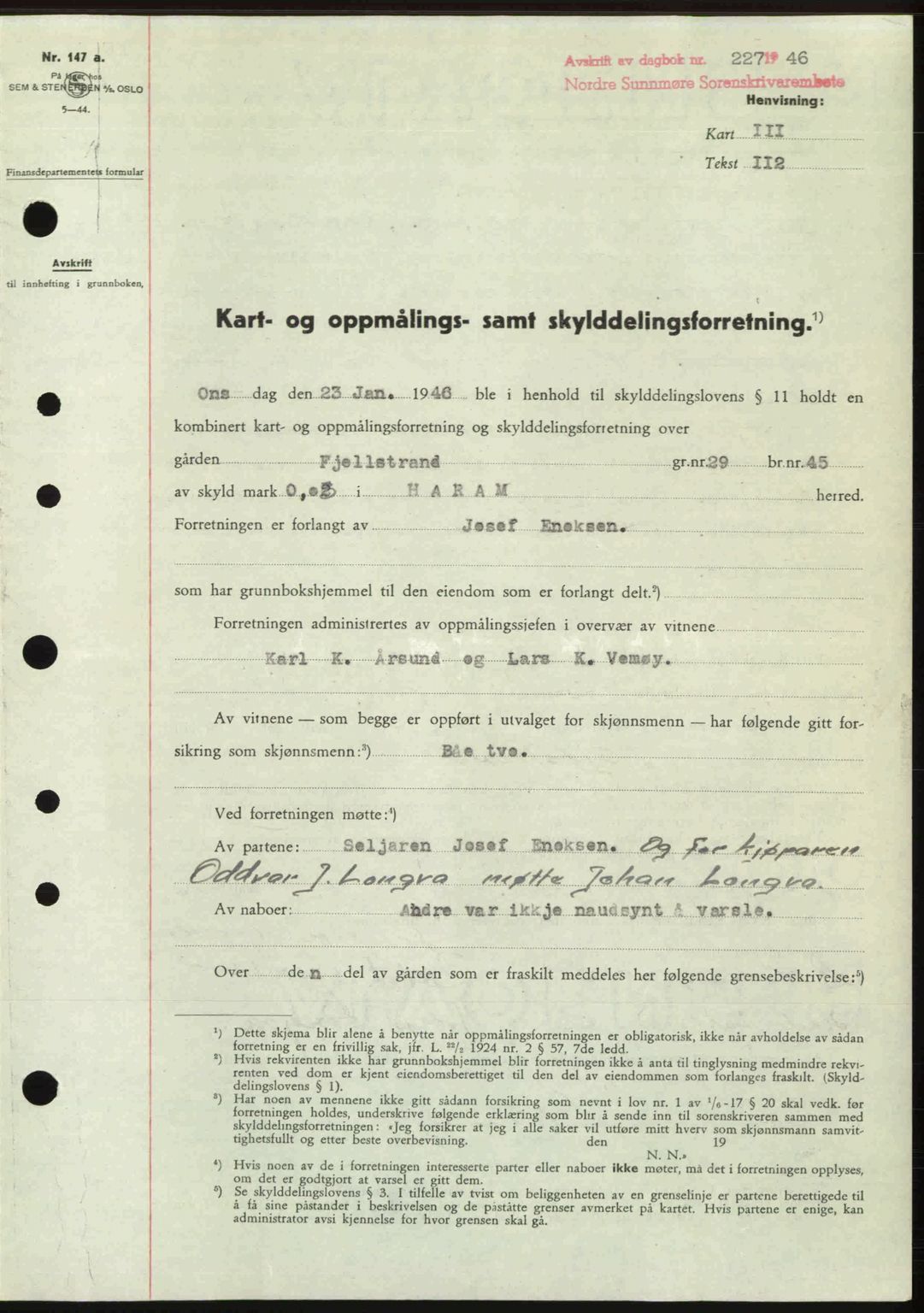 Nordre Sunnmøre sorenskriveri, AV/SAT-A-0006/1/2/2C/2Ca: Mortgage book no. A20b, 1946-1946, Diary no: : 227/1946