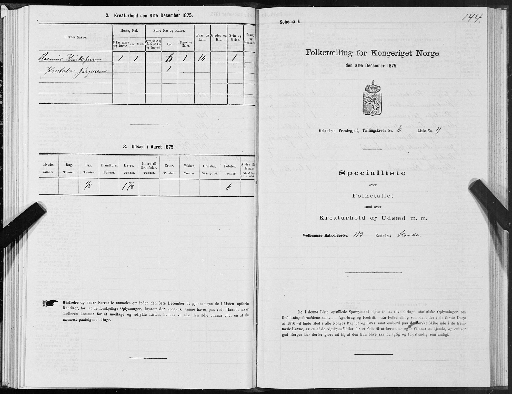 SAT, 1875 census for 1621P Ørland, 1875, p. 3144