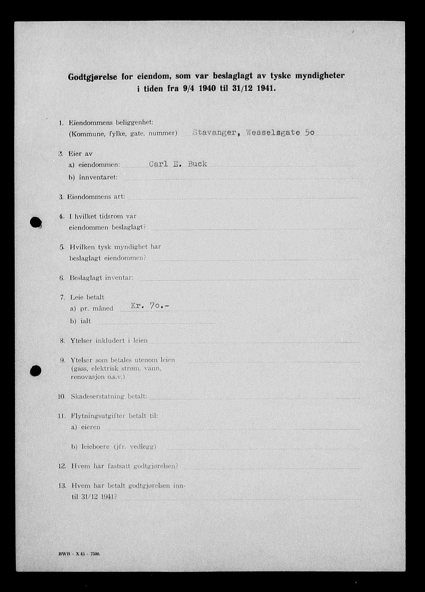 Justisdepartementet, Tilbakeføringskontoret for inndratte formuer, AV/RA-S-1564/I/L1014: Godtgjørelse for beslaglagt eiendom, 1940-1941, p. 18