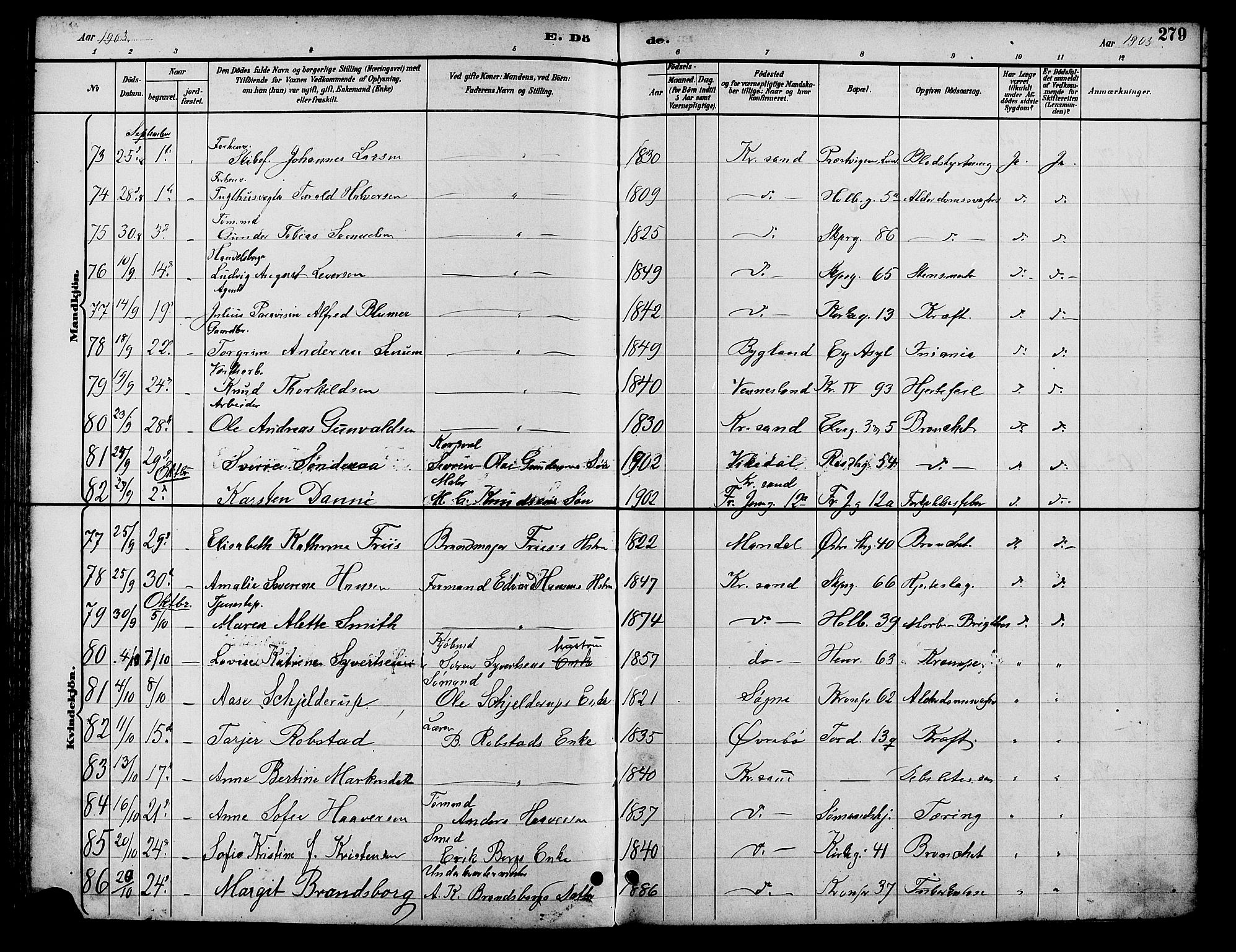 Kristiansand domprosti, SAK/1112-0006/F/Fb/L0017: Parish register (copy) no. B 17, 1893-1906, p. 279