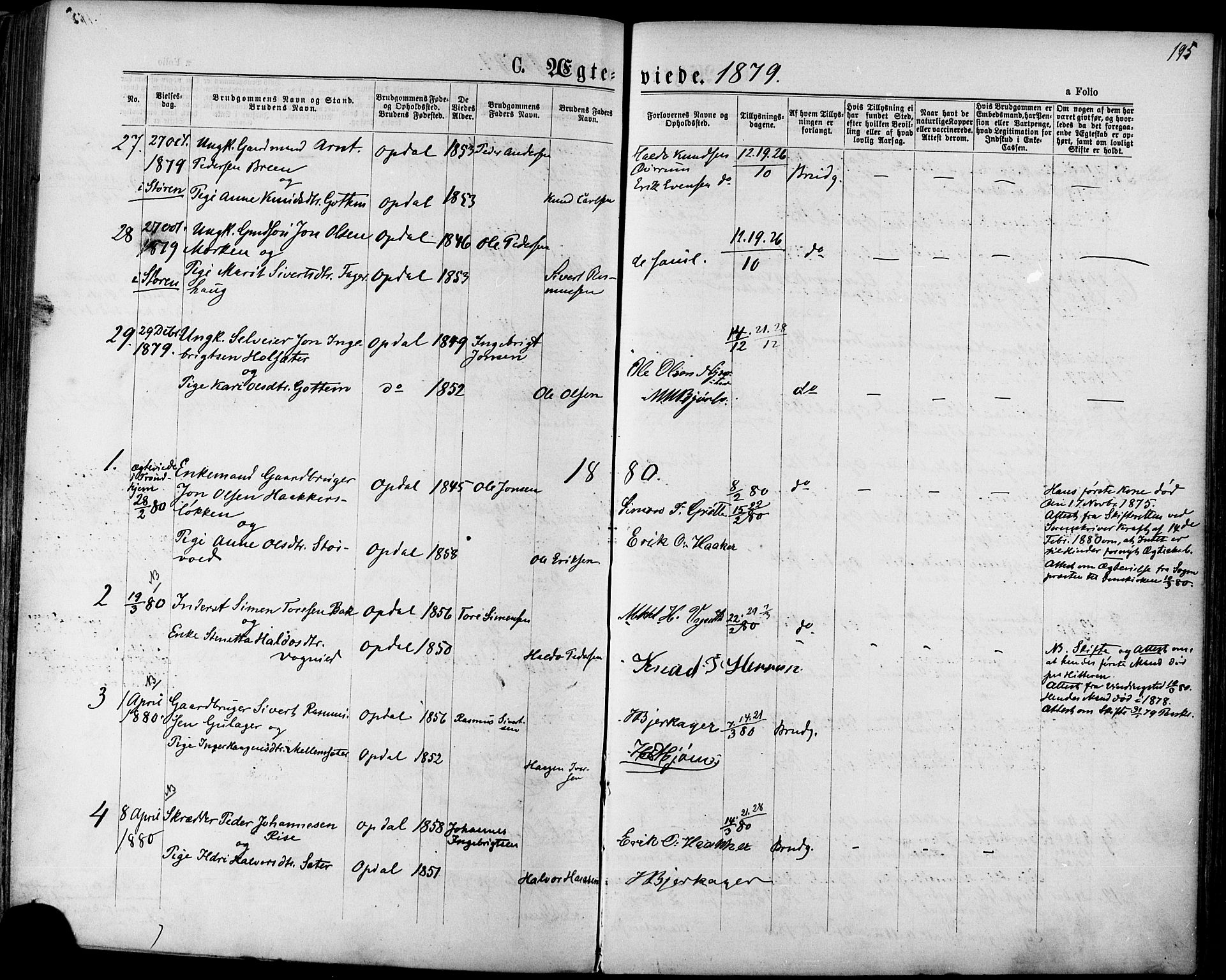 Ministerialprotokoller, klokkerbøker og fødselsregistre - Sør-Trøndelag, SAT/A-1456/678/L0900: Parish register (official) no. 678A09, 1872-1881, p. 195