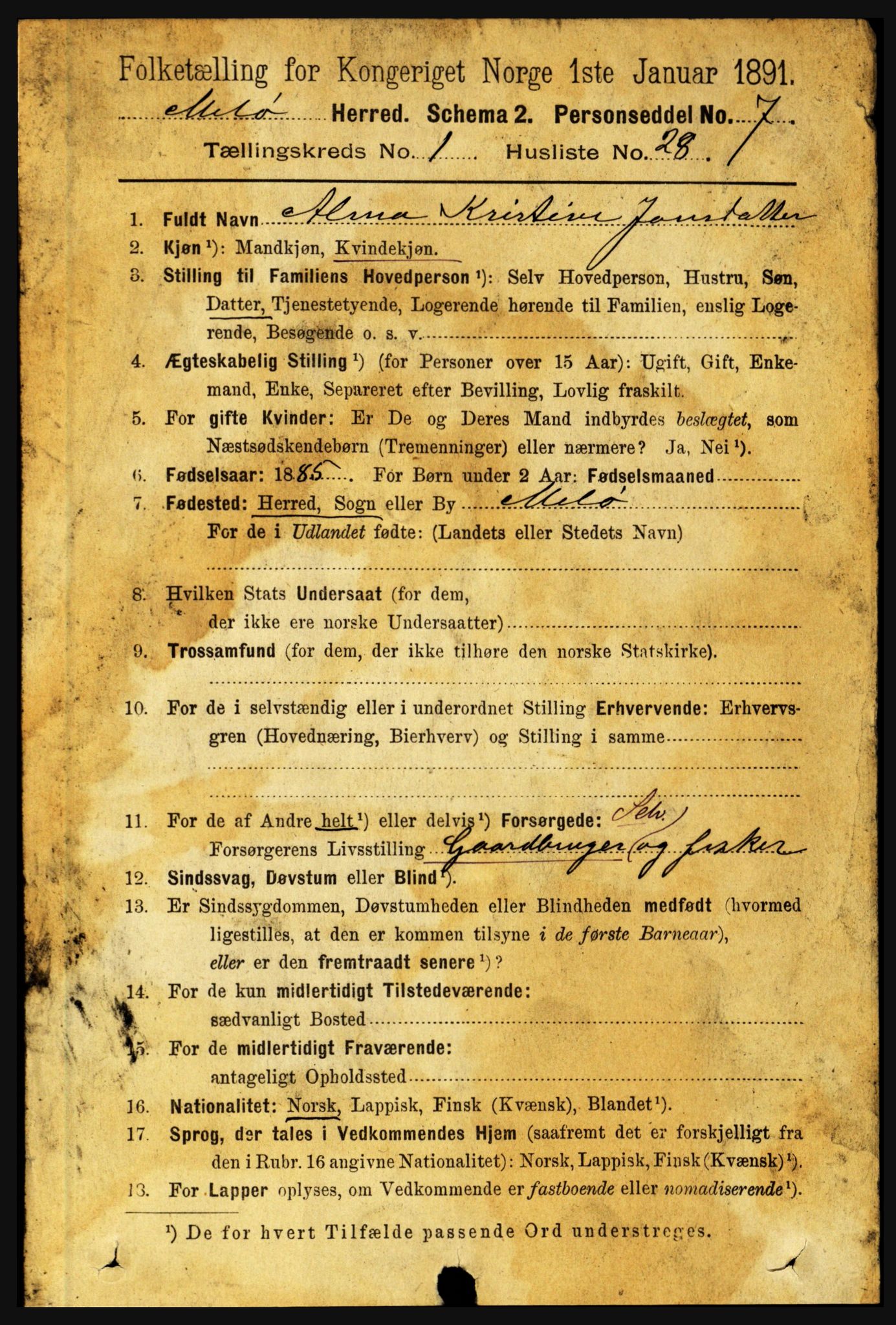 RA, 1891 census for 1837 Meløy, 1891, p. 243