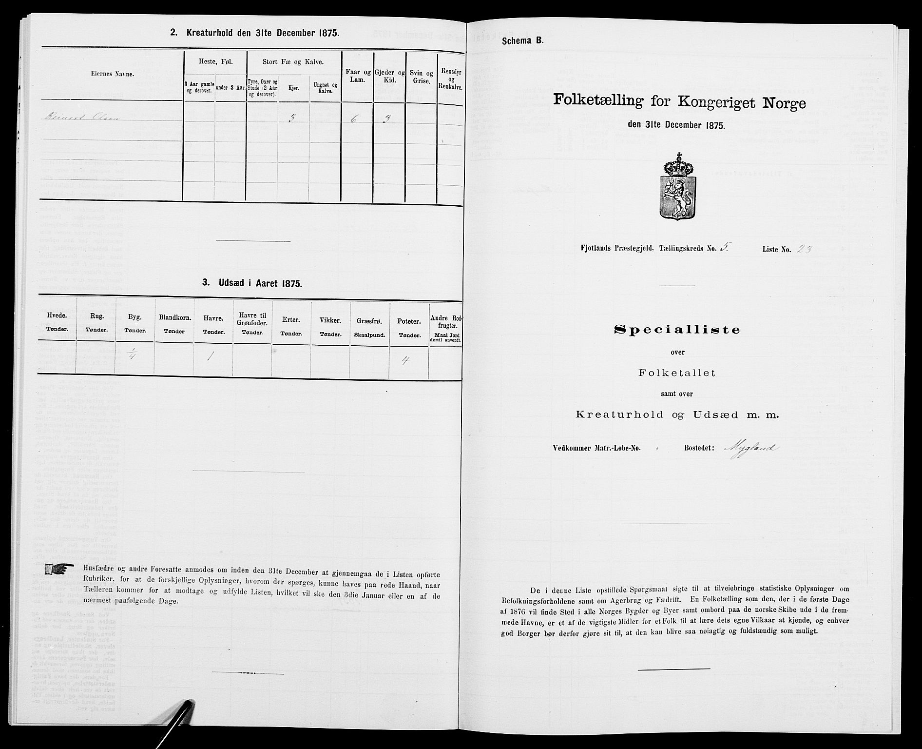 SAK, 1875 census for 1036P Fjotland, 1875, p. 345