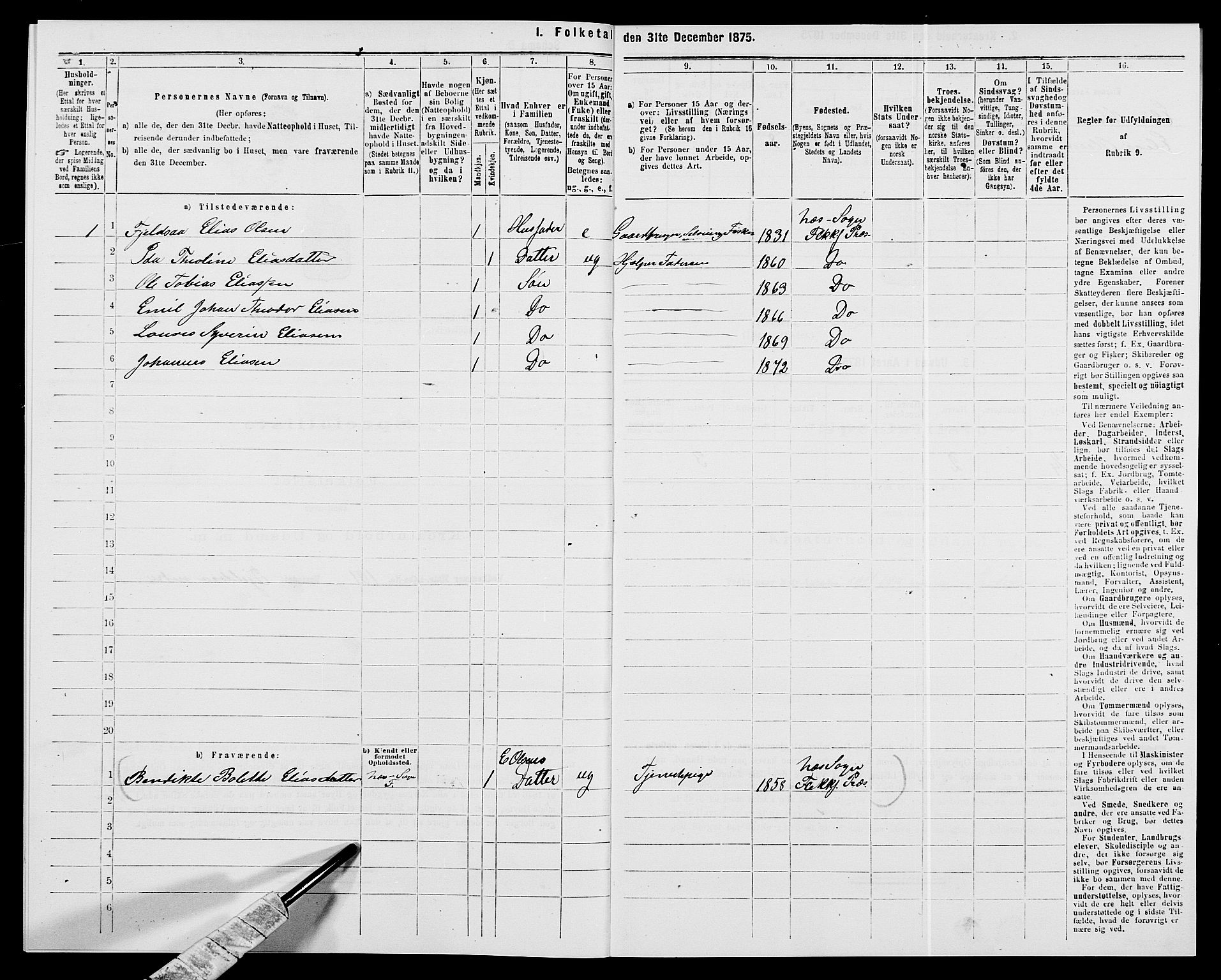 SAK, 1875 census for 1042L Flekkefjord/Nes og Hidra, 1875, p. 872