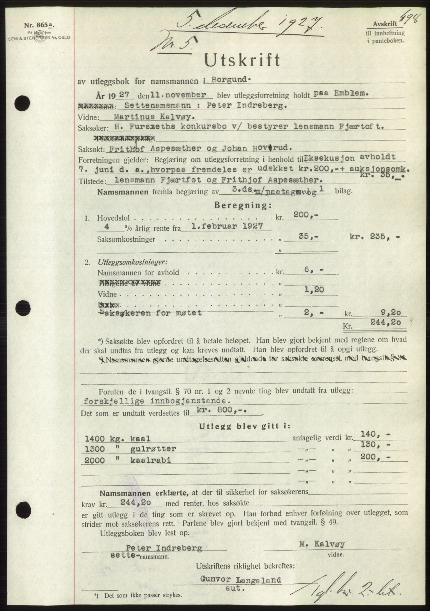 Nordre Sunnmøre sorenskriveri, AV/SAT-A-0006/1/2/2C/2Ca/L0037: Mortgage book no. 40, 1927-1927, Deed date: 05.12.1927