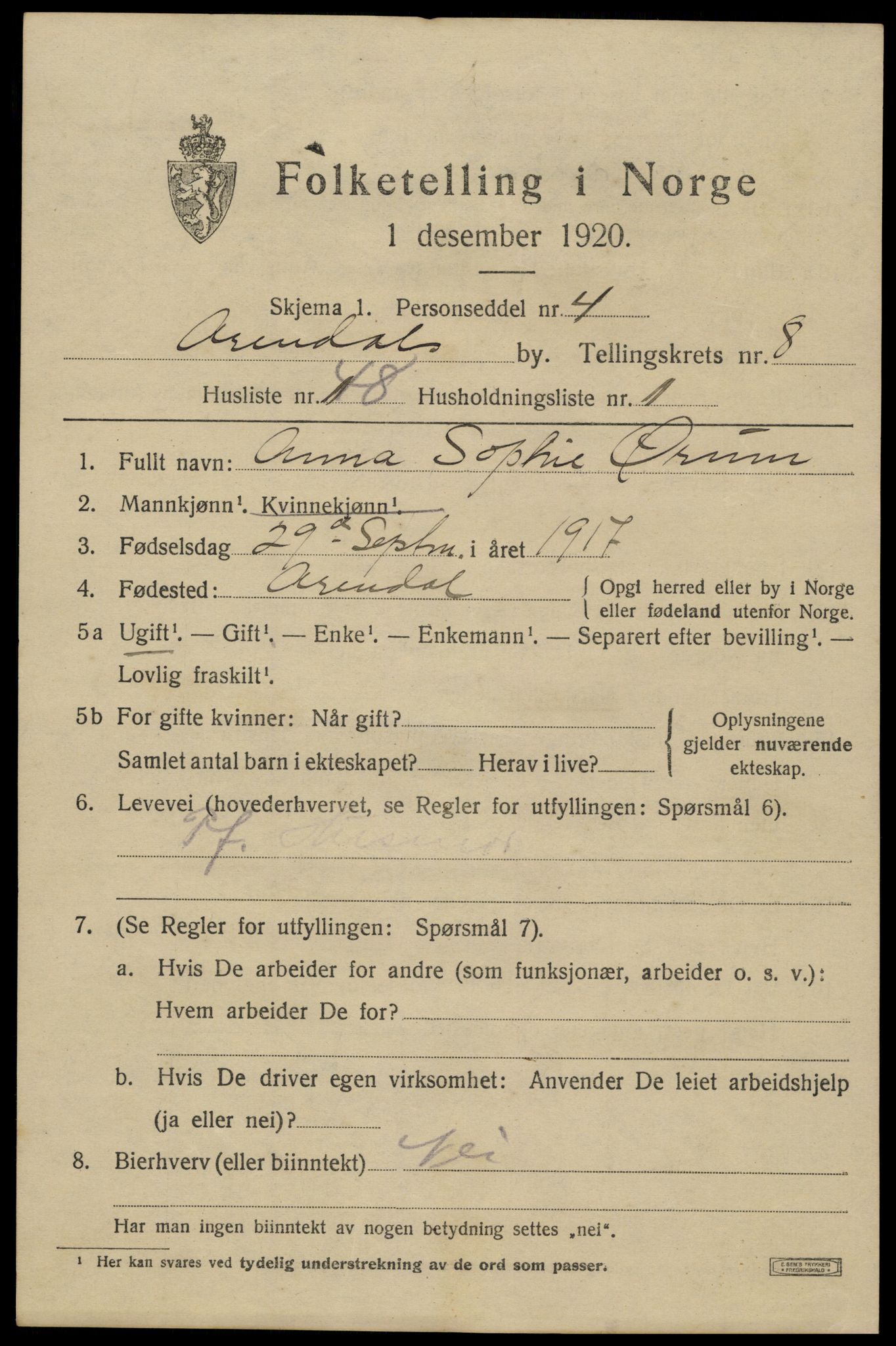 SAK, 1920 census for Arendal, 1920, p. 16092