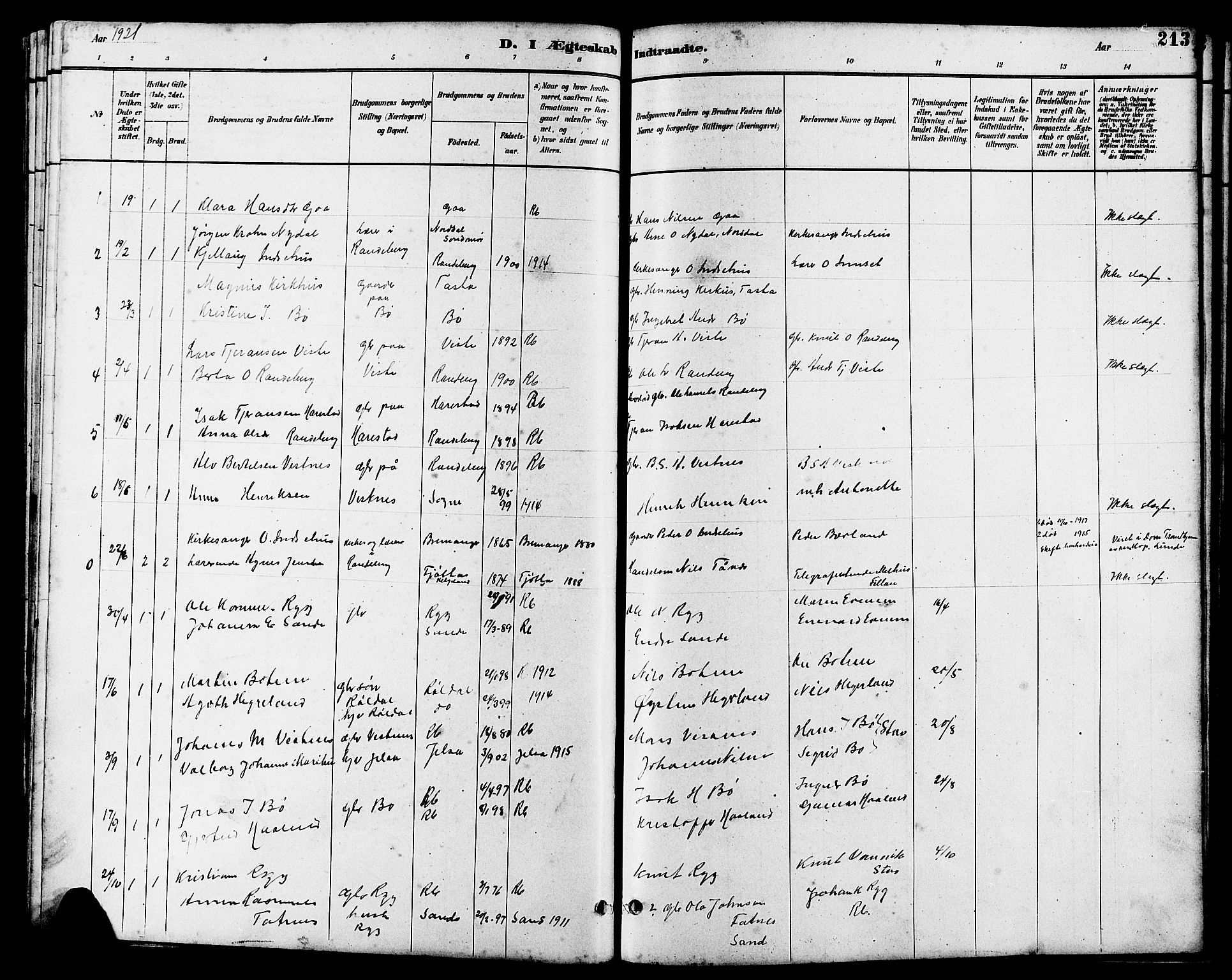 Hetland sokneprestkontor, AV/SAST-A-101826/30/30BB/L0006: Parish register (copy) no. B 6, 1878-1921, p. 213