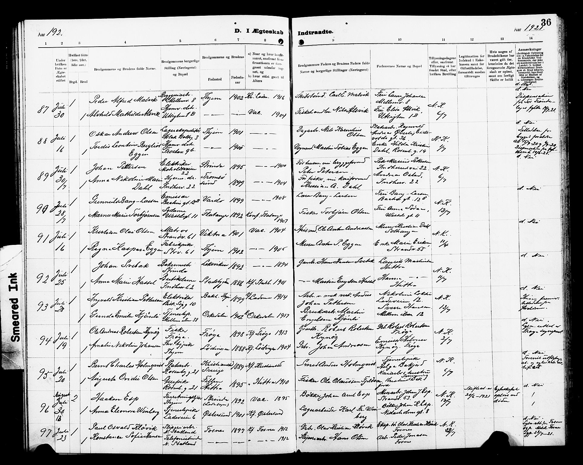 Ministerialprotokoller, klokkerbøker og fødselsregistre - Sør-Trøndelag, AV/SAT-A-1456/605/L0257: Parish register (copy) no. 605C04, 1916-1922, p. 36