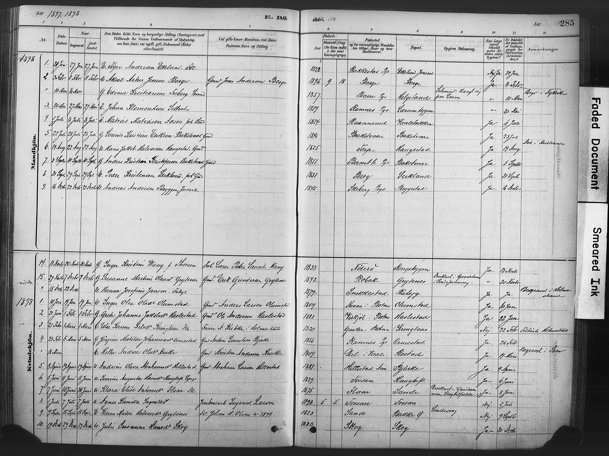 Våle kirkebøker, SAKO/A-334/F/Fa/L0011: Parish register (official) no. I 11, 1878-1906, p. 285