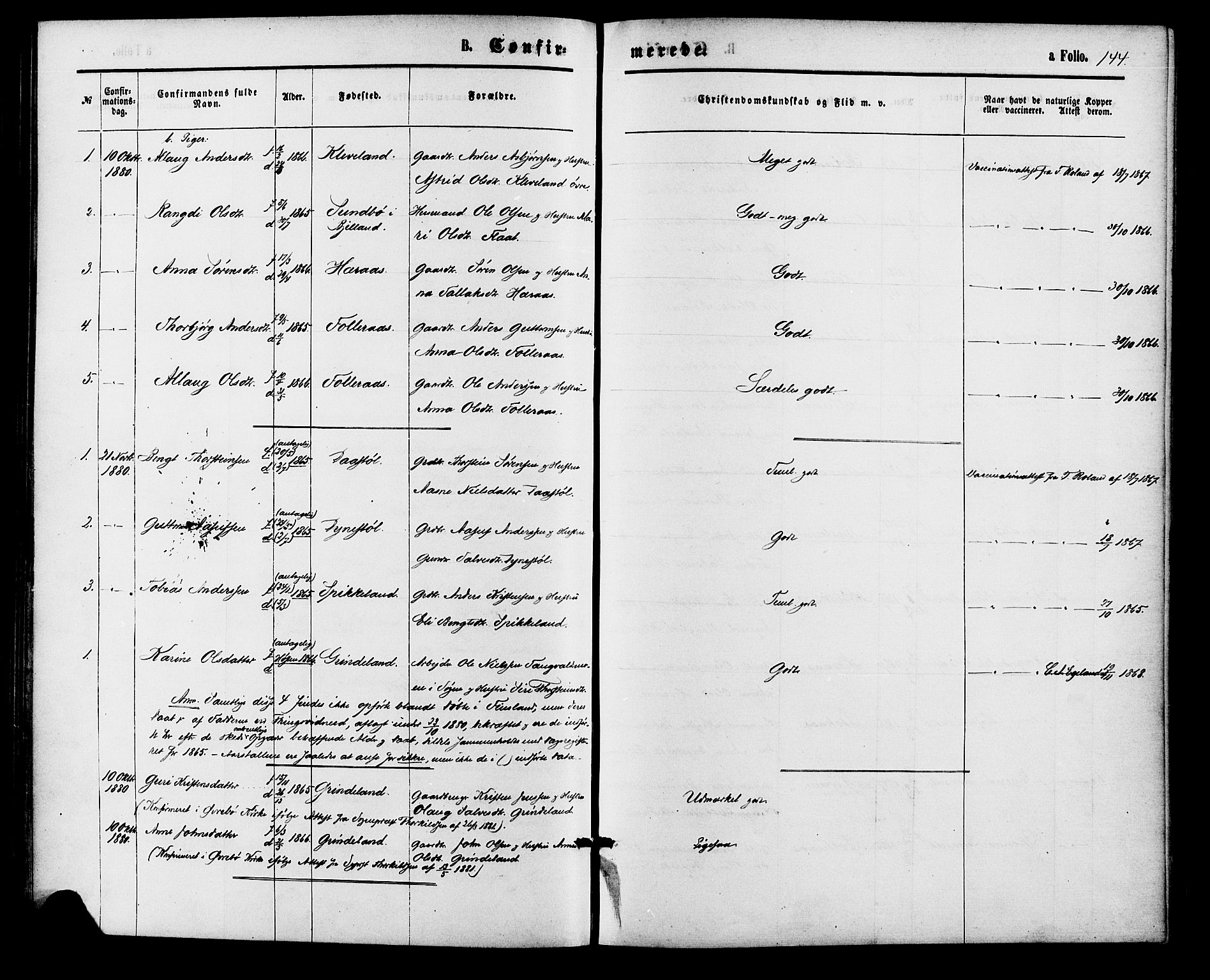 Bjelland sokneprestkontor, AV/SAK-1111-0005/F/Fa/Fab/L0003: Parish register (official) no. A 3, 1870-1887, p. 144