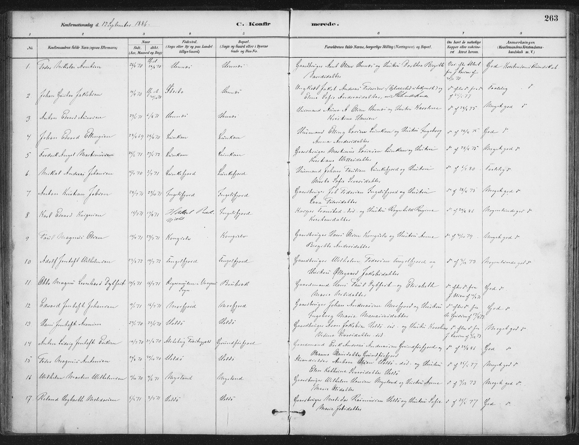 Ministerialprotokoller, klokkerbøker og fødselsregistre - Nordland, AV/SAT-A-1459/888/L1244: Parish register (official) no. 888A10, 1880-1890, p. 263