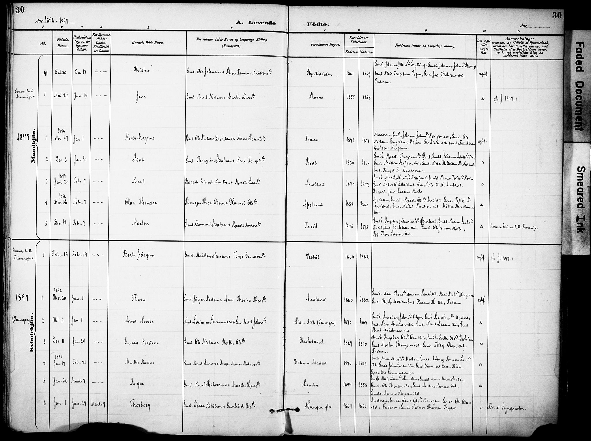 Gjerstad sokneprestkontor, AV/SAK-1111-0014/F/Fa/Faa/L0010: Parish register (official) no. A 10, 1891-1902, p. 30