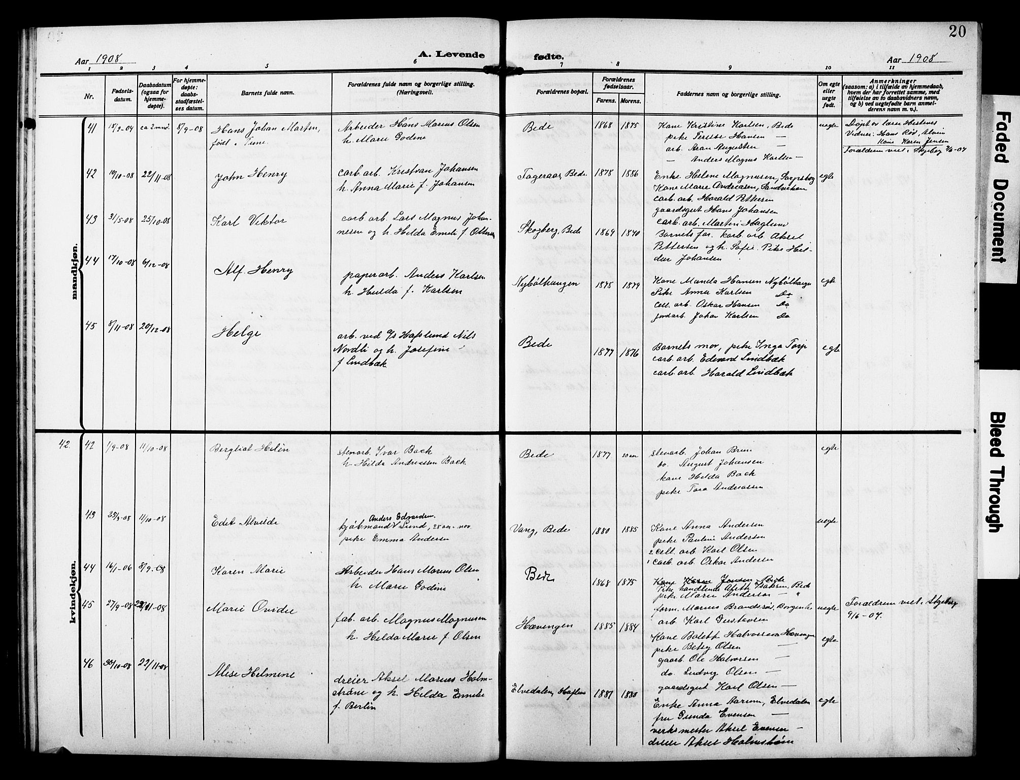 Skjeberg prestekontor Kirkebøker, AV/SAO-A-10923/G/Gd/L0001: Parish register (copy) no. IV 1, 1907-1917, p. 20