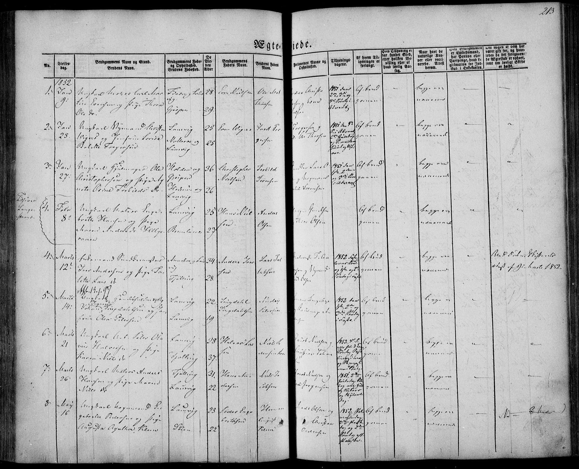Larvik kirkebøker, SAKO/A-352/F/Fa/L0003: Parish register (official) no. I 3, 1848-1856, p. 213