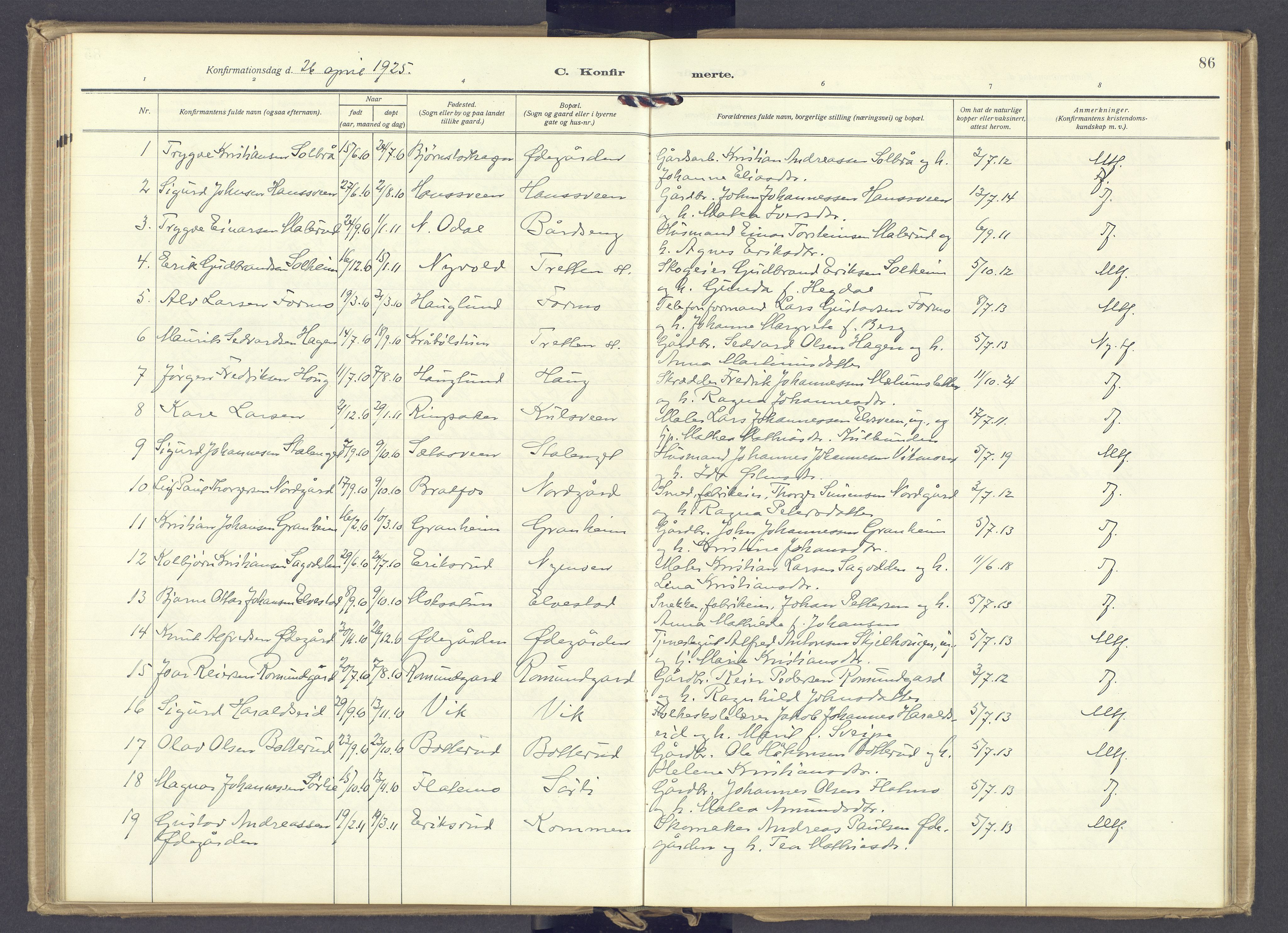 Øyer prestekontor, AV/SAH-PREST-084/H/Ha/Haa/L0014: Parish register (official) no. 14, 1919-1932, p. 86