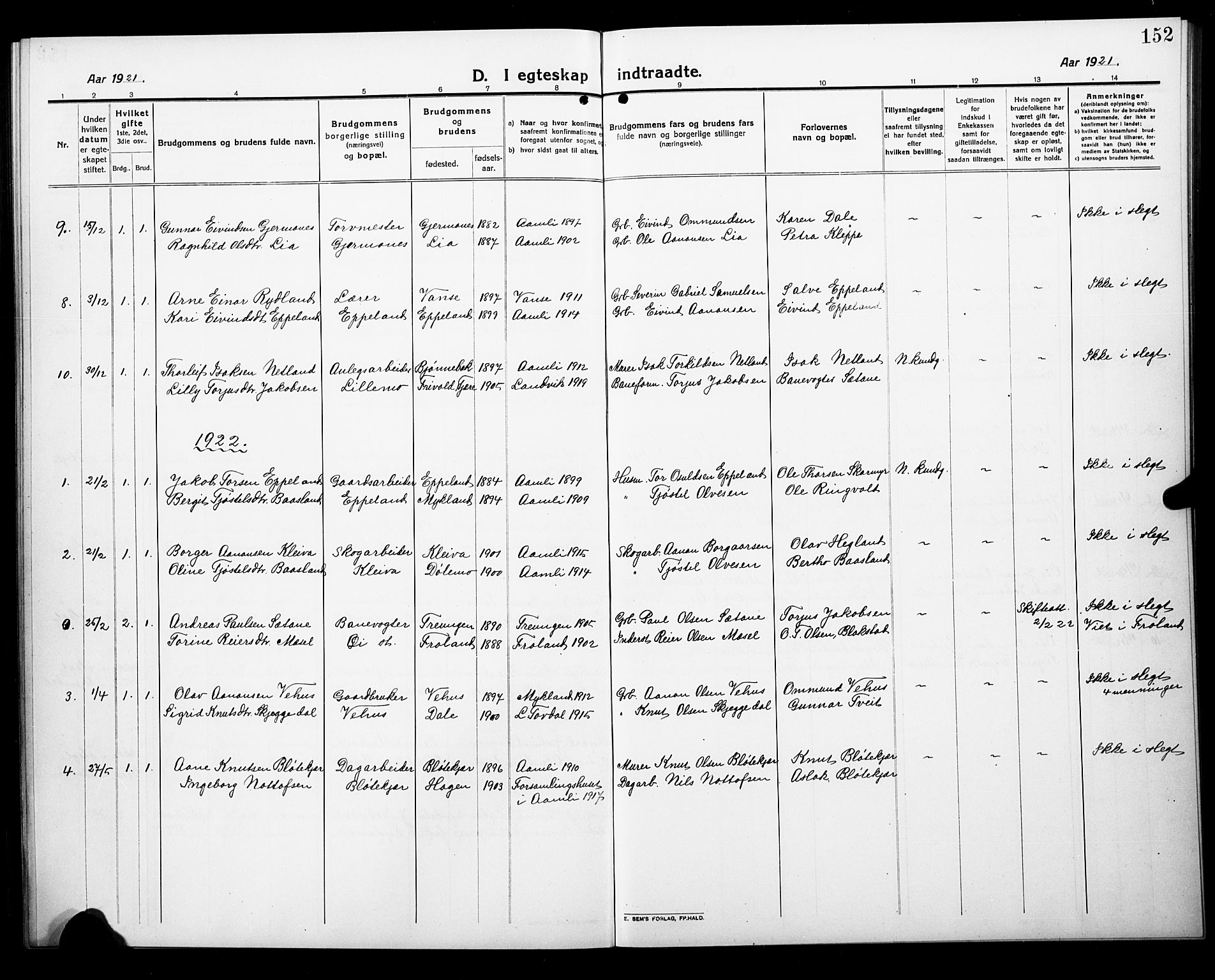 Åmli sokneprestkontor, AV/SAK-1111-0050/F/Fb/Fbc/L0006: Parish register (copy) no. B 6, 1915-1929, p. 152