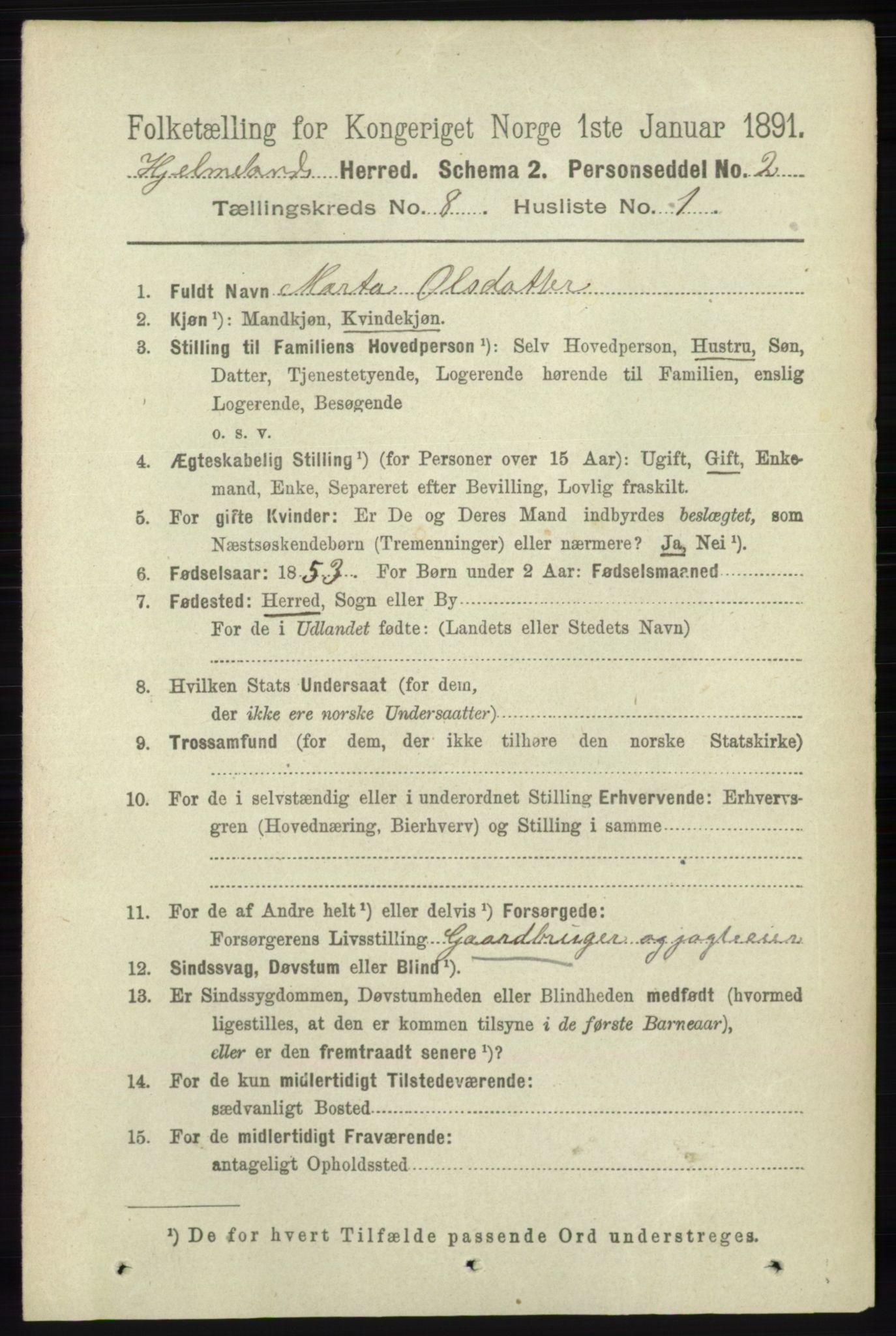 RA, 1891 census for 1133 Hjelmeland, 1891, p. 2474