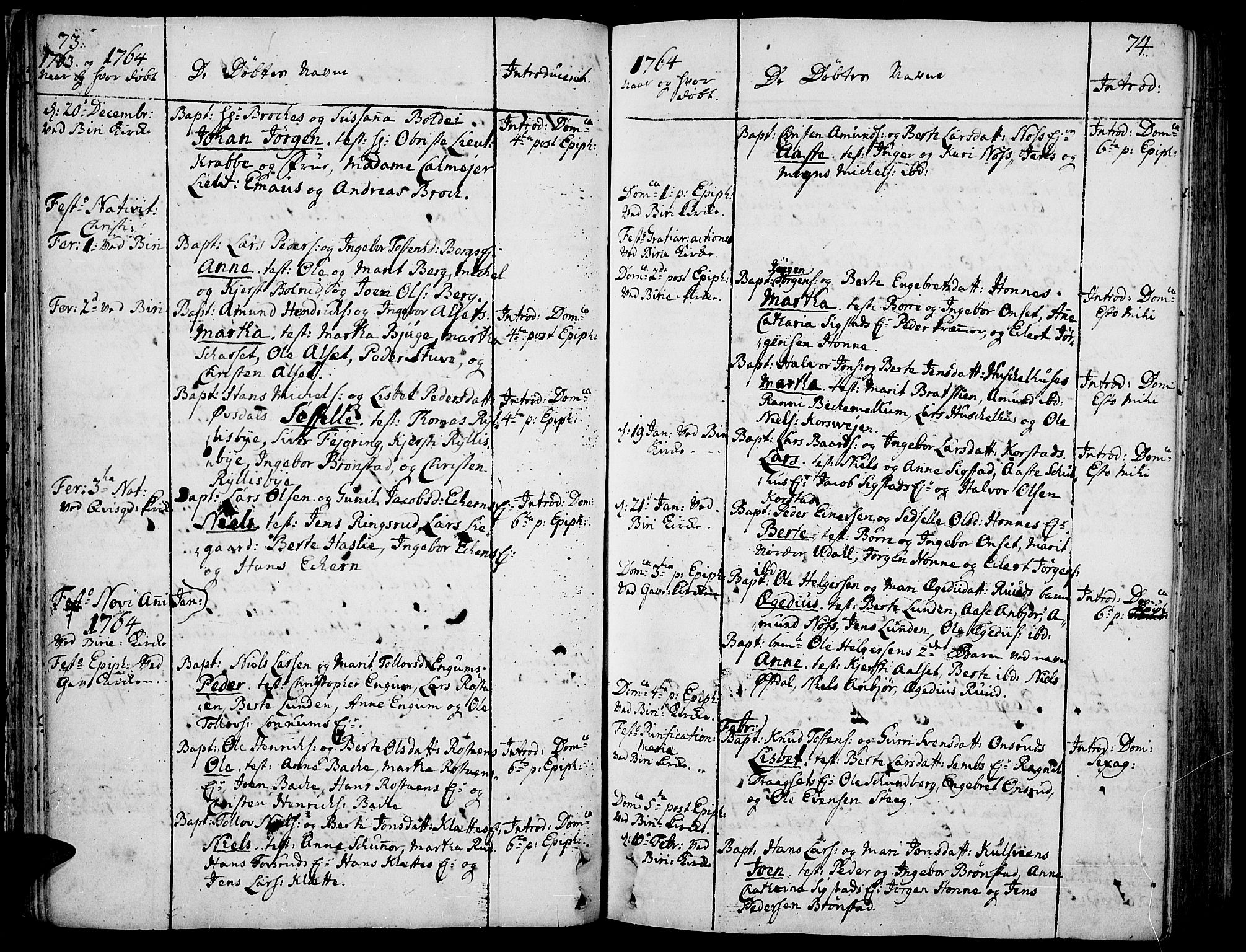 Biri prestekontor, SAH/PREST-096/H/Ha/Haa/L0002: Parish register (official) no. 2, 1754-1789, p. 73-74