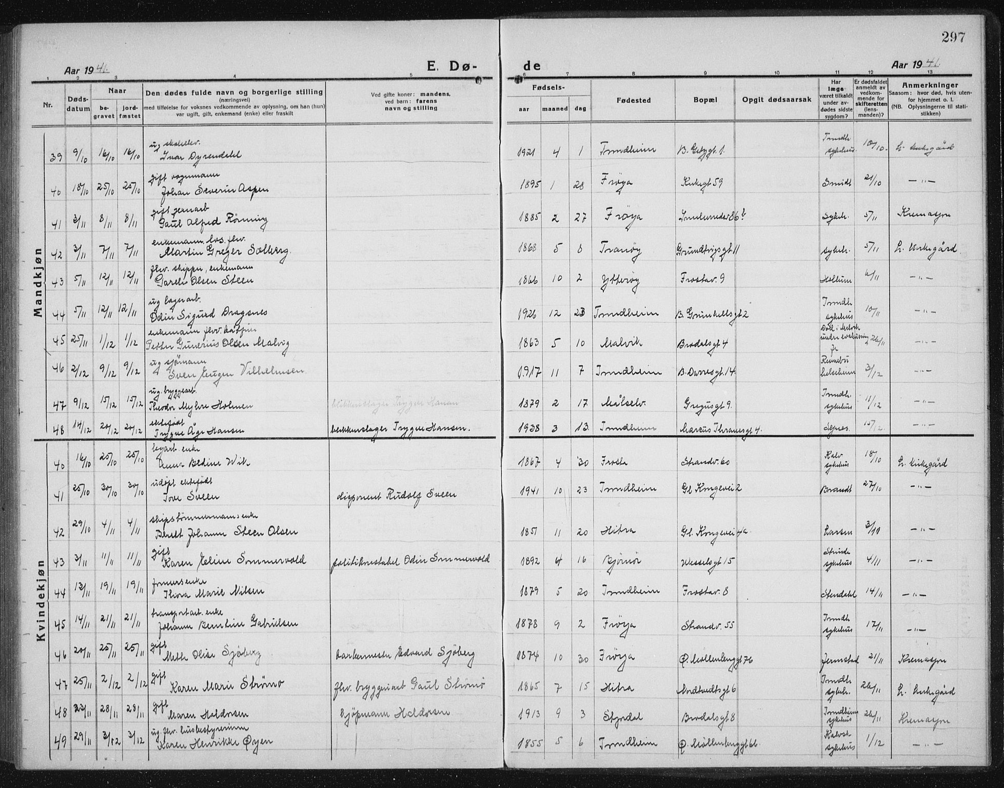 Ministerialprotokoller, klokkerbøker og fødselsregistre - Sør-Trøndelag, AV/SAT-A-1456/605/L0260: Parish register (copy) no. 605C07, 1922-1942, p. 297