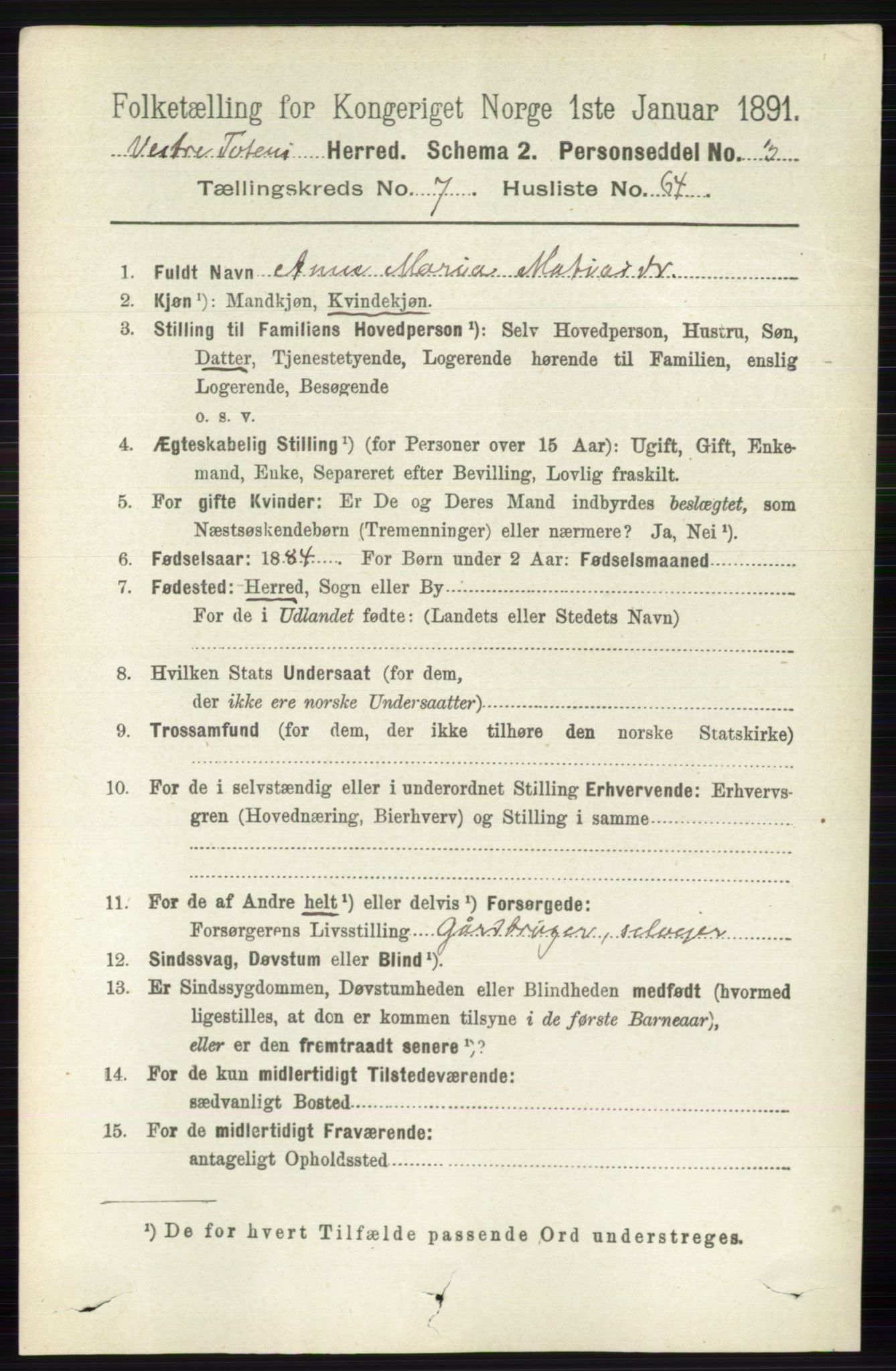 RA, 1891 census for 0529 Vestre Toten, 1891, p. 4721