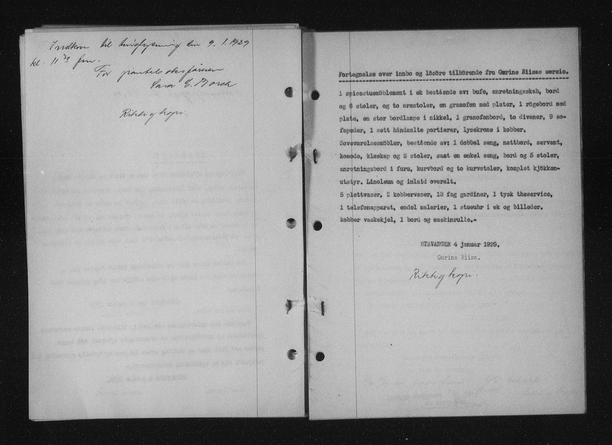 Stavanger byfogd, AV/SAST-A-101408/001/4/41/410/410BB/L0055: Mortgage book no. 43, 1928-1929, Deed date: 09.01.1929