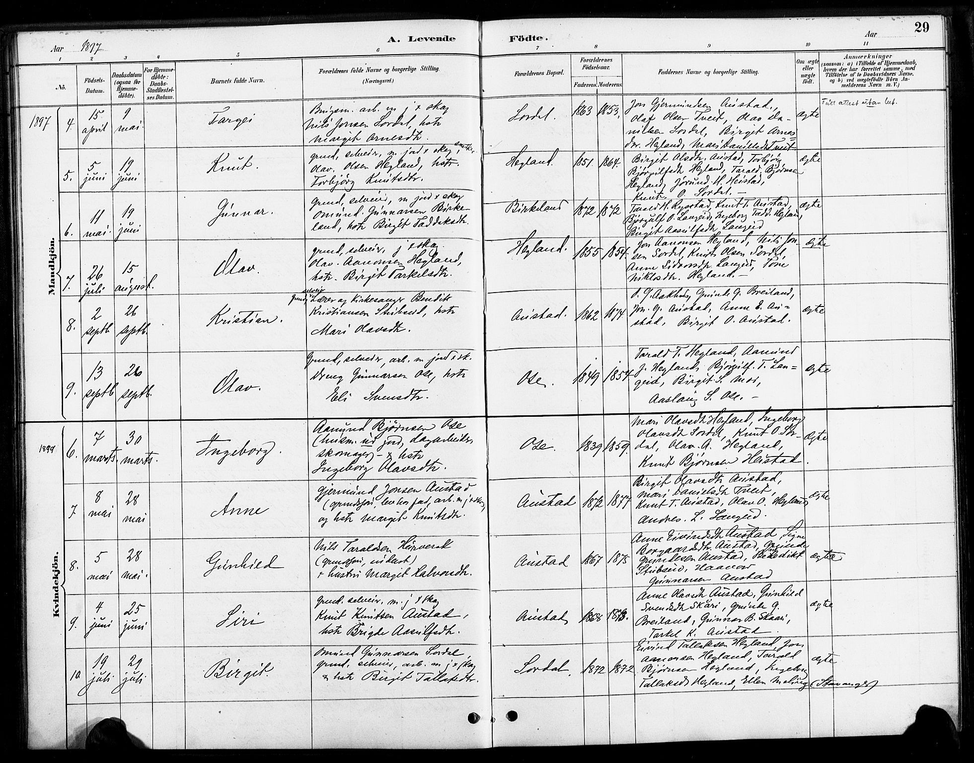 Bygland sokneprestkontor, SAK/1111-0006/F/Fa/Faa/L0001: Parish register (official) no. A 1, 1885-1908, p. 29