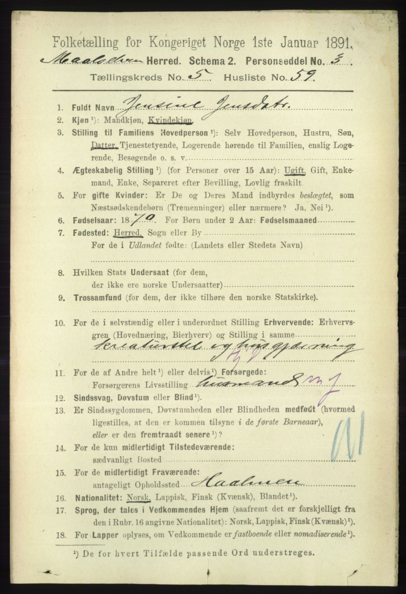 RA, 1891 census for 1924 Målselv, 1891, p. 2007