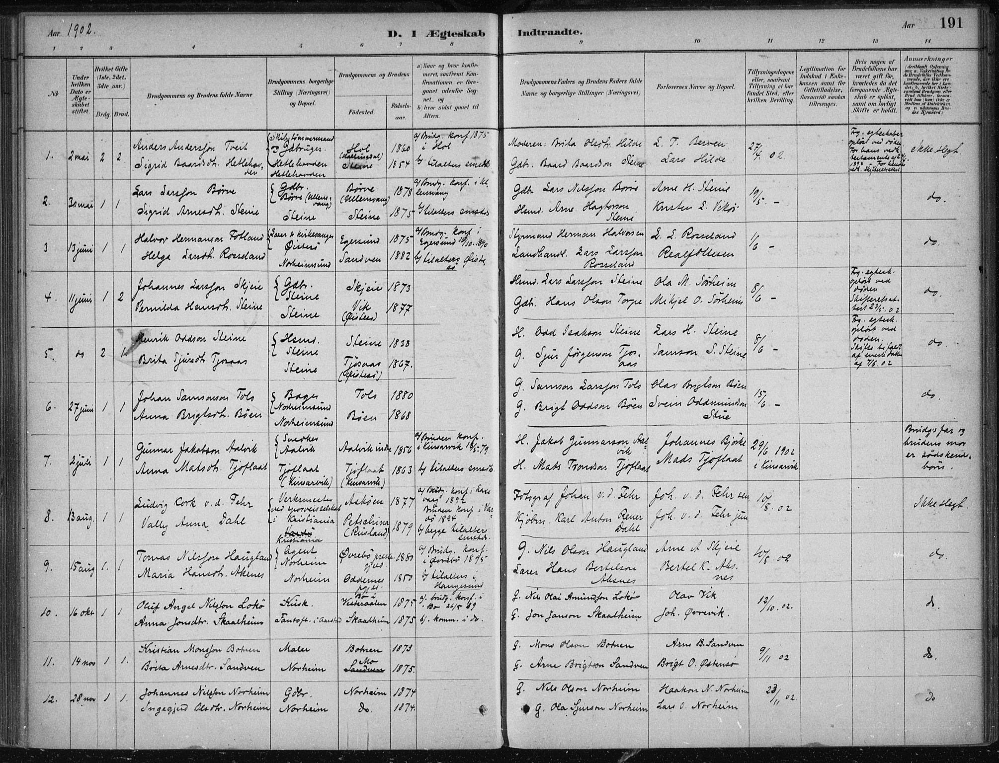 Kvam sokneprestembete, SAB/A-76201/H/Haa: Parish register (official) no. B  1, 1880-1908, p. 191