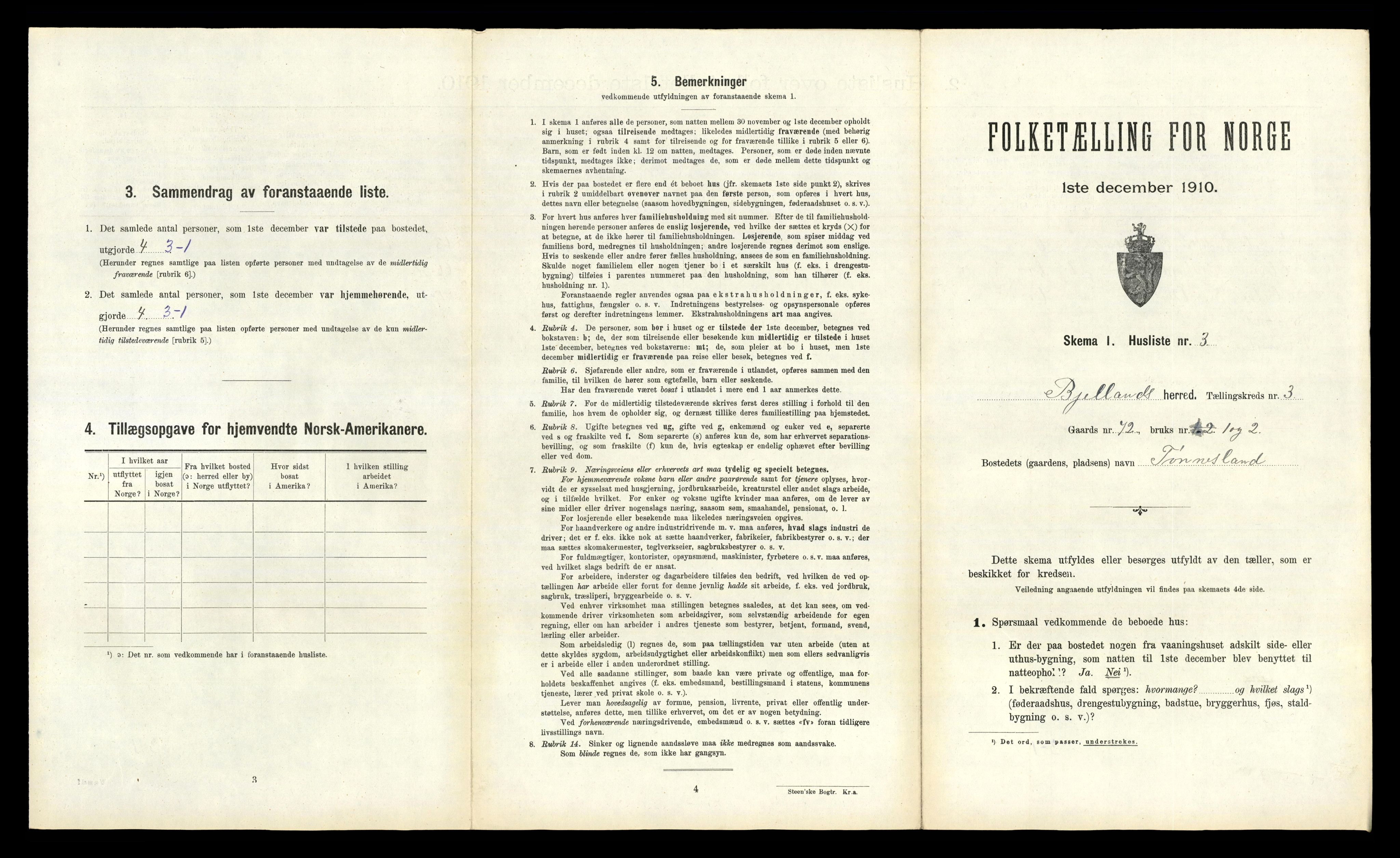 RA, 1910 census for Bjelland, 1910, p. 174