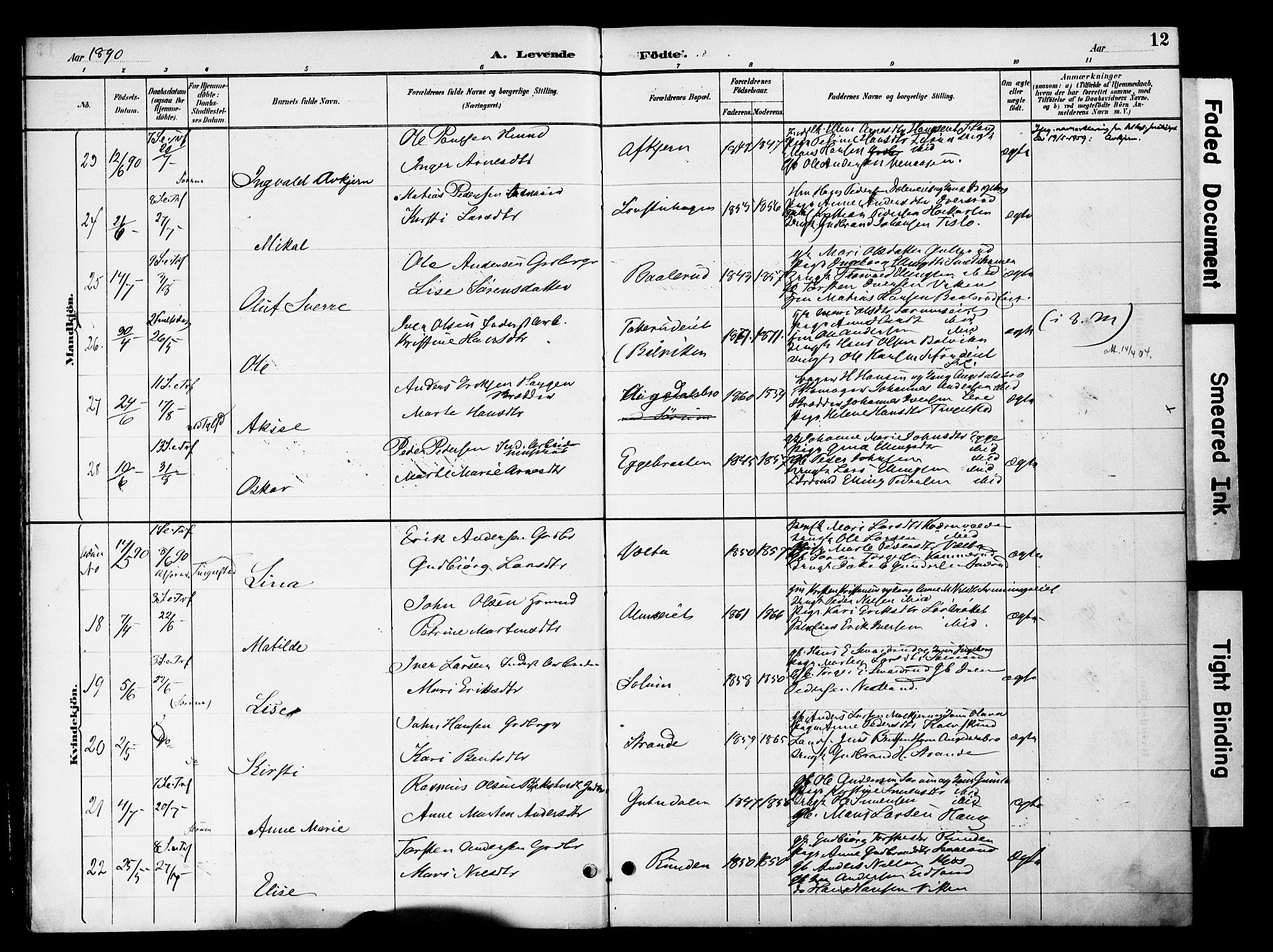 Gran prestekontor, AV/SAH-PREST-112/H/Ha/Haa/L0020: Parish register (official) no. 20, 1889-1899, p. 12